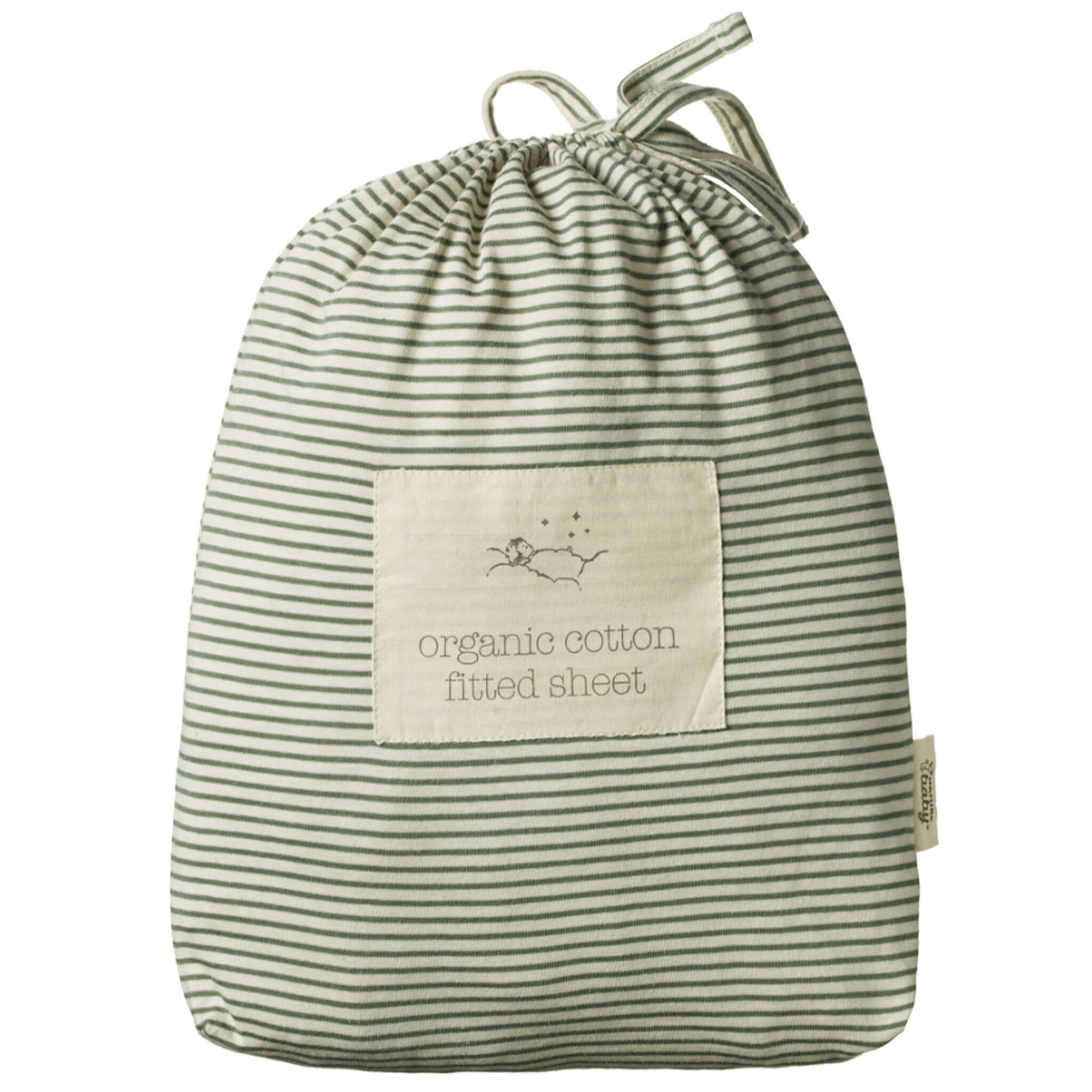 Alt Tag: Nature Baby Organic Cotton Jersey Fitted Bassinet Sheet - Nettle Pinstripe organic cotton fitted bassinet sheet in striped drawstring bag