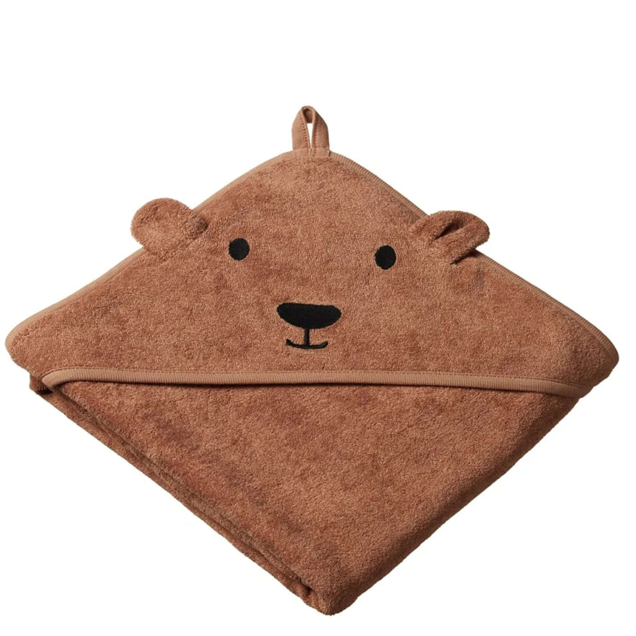 Alt Tag: Nature Baby Organic Cotton Bear Hooded Towel - Hazelnut, ultra-soft GOTS organic cotton baby hooded towel with bear ears and embroidered hood