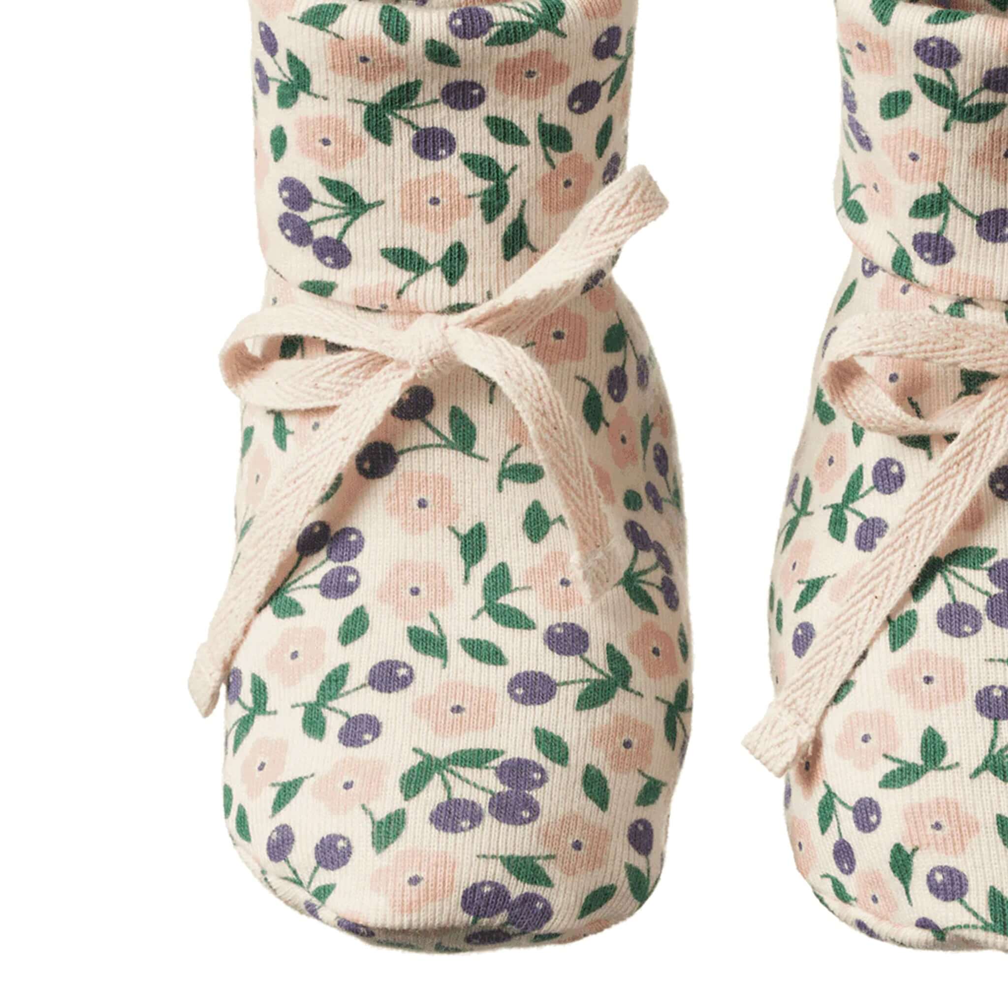 Alt Tag: Nature Baby Organic Cotton Booties - Briarwood organic cotton baby booties with fold-down cuff and front bow, briarwood print