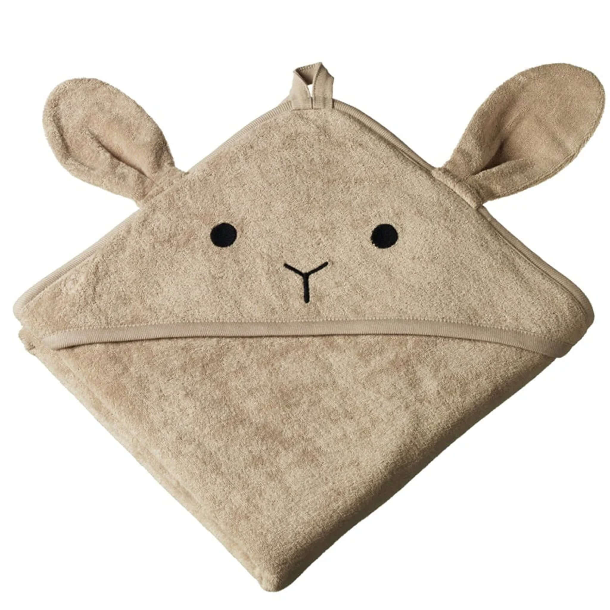 Alt Tag: Nature Baby Organic Cotton Bunny Hooded Towel - Nougat, GOTS organic cotton hooded baby towel with embroidered face and bunny ears