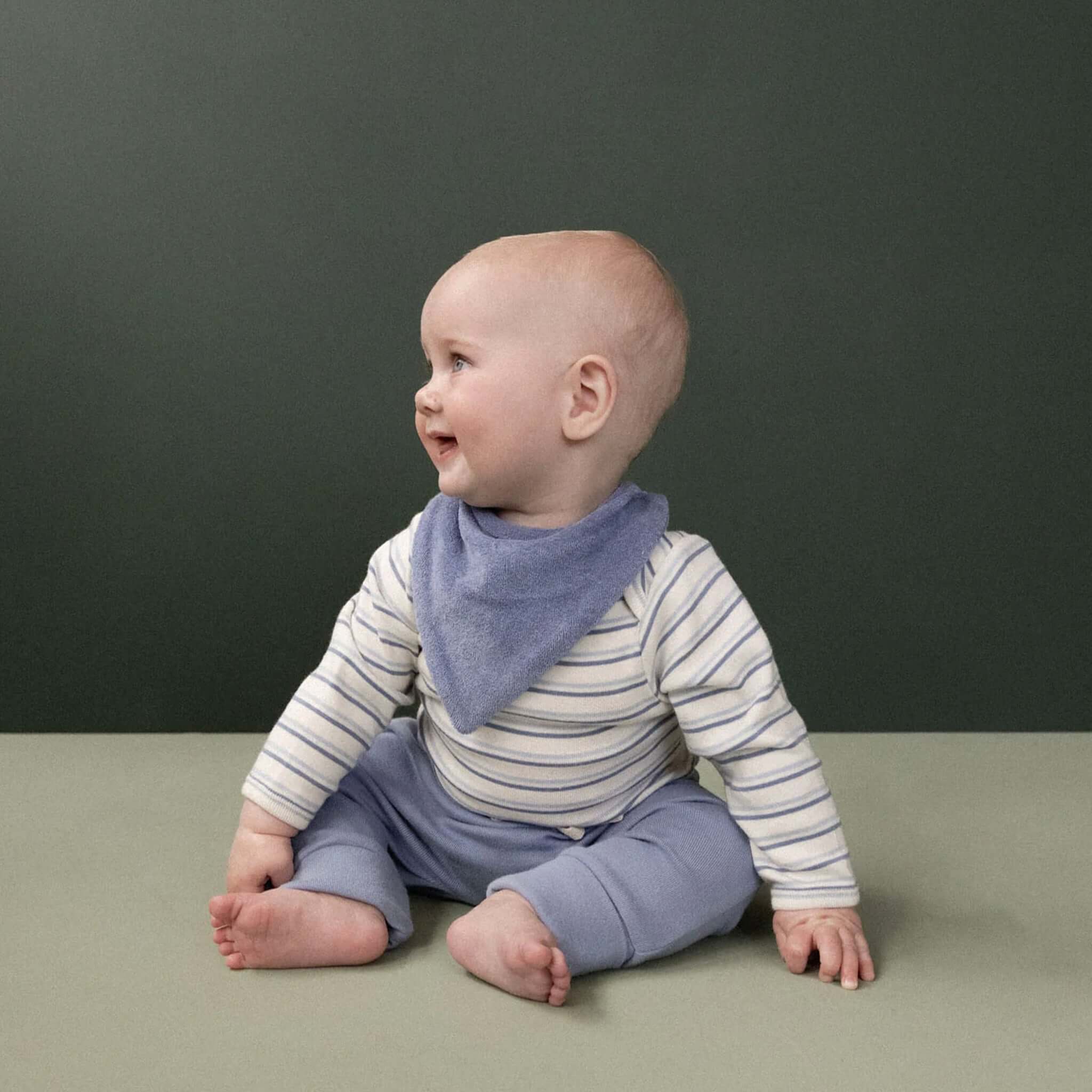 Alt Tag: Nature Baby Organic Cotton Drawstring Pants - Dusky Blue on baby, soft cuffed drawstring pants for cozy everyday wear