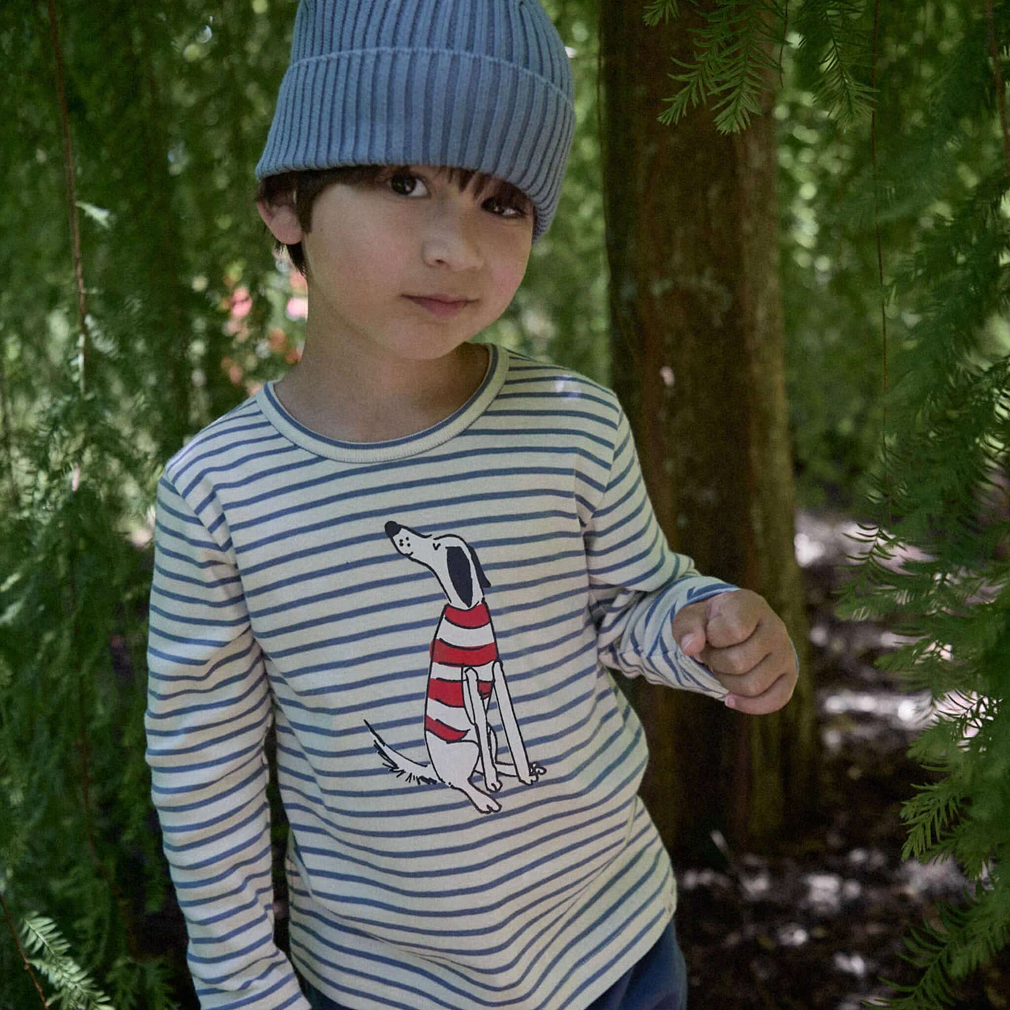 Alt Tag: Nature Baby Organic Cotton Forest Beanie - Dusky Blue ribbed chunky knit organic cotton kids beanie outdoors