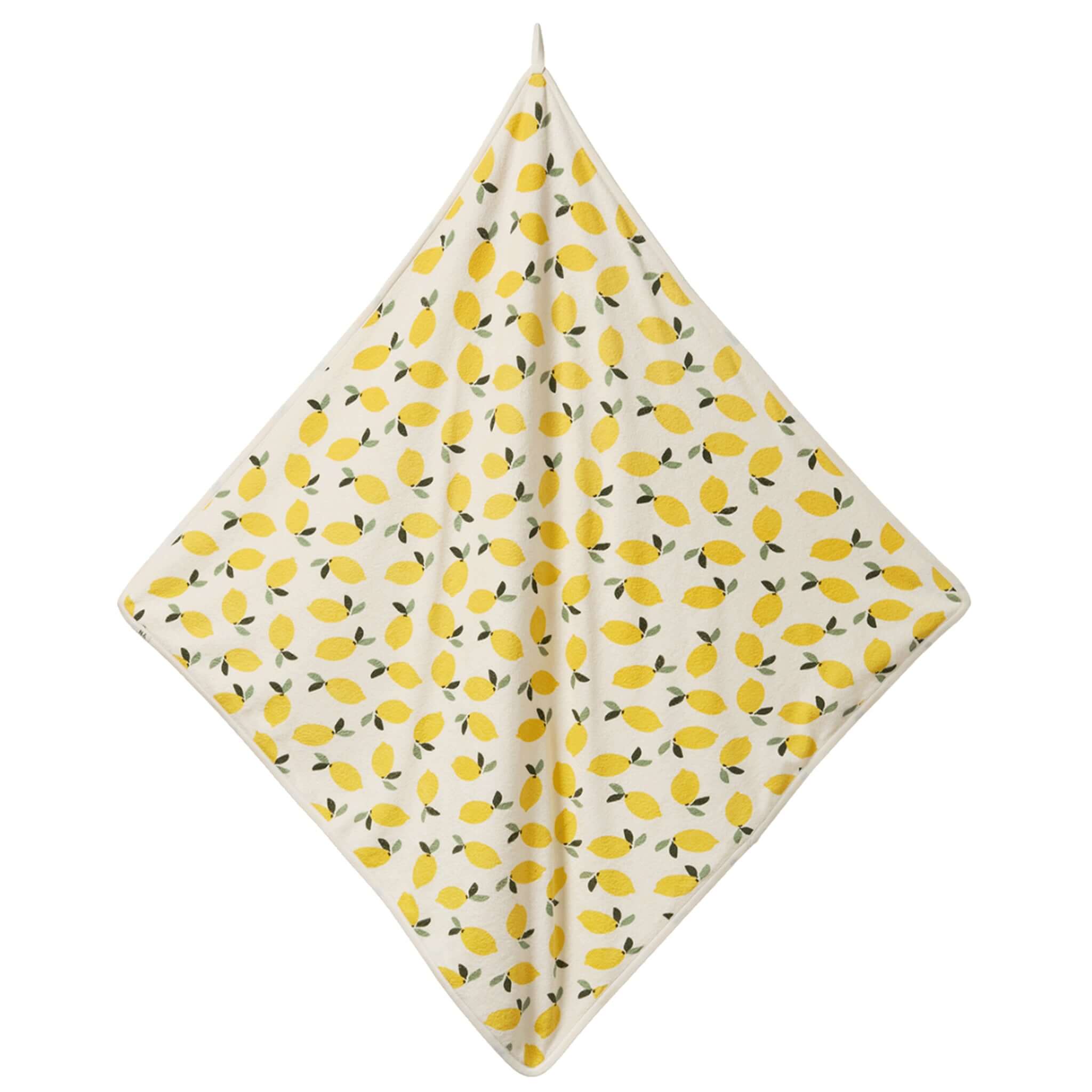 Alt Tag: Nature Baby Organic Cotton Terry Hooded Towel - Lemon, GOTS organic cotton baby hooded towel with lemon print and hanging loop
