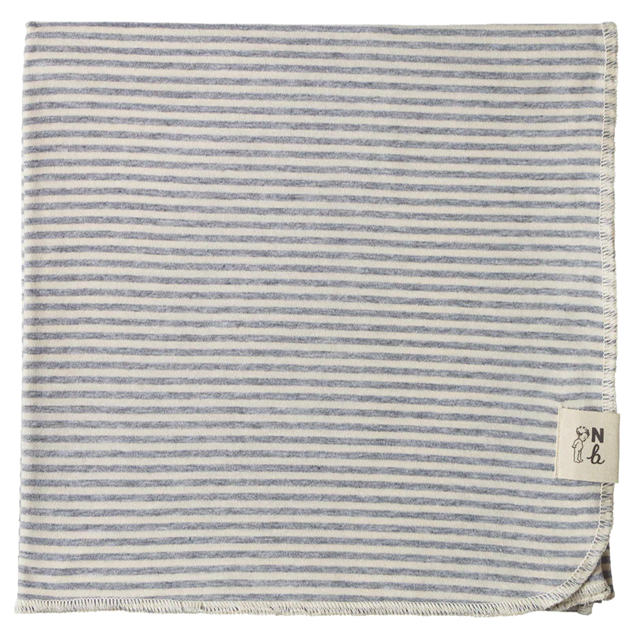 Striped swaddle with a brand label on a white background