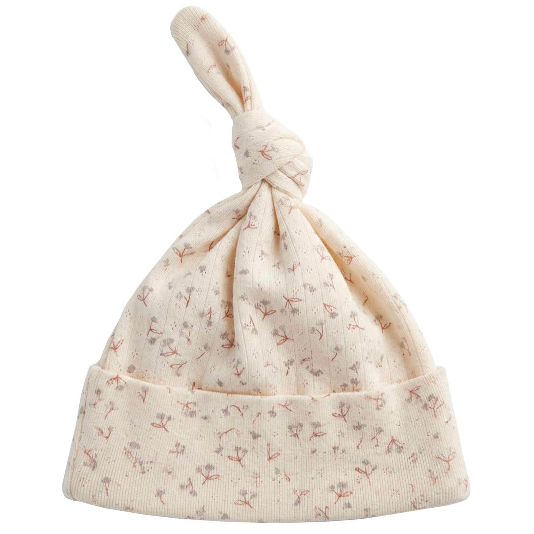 Nature Baby Organic Cotton Knotted Beanie - Pointelle Dandelion in soft cream with floral print.
