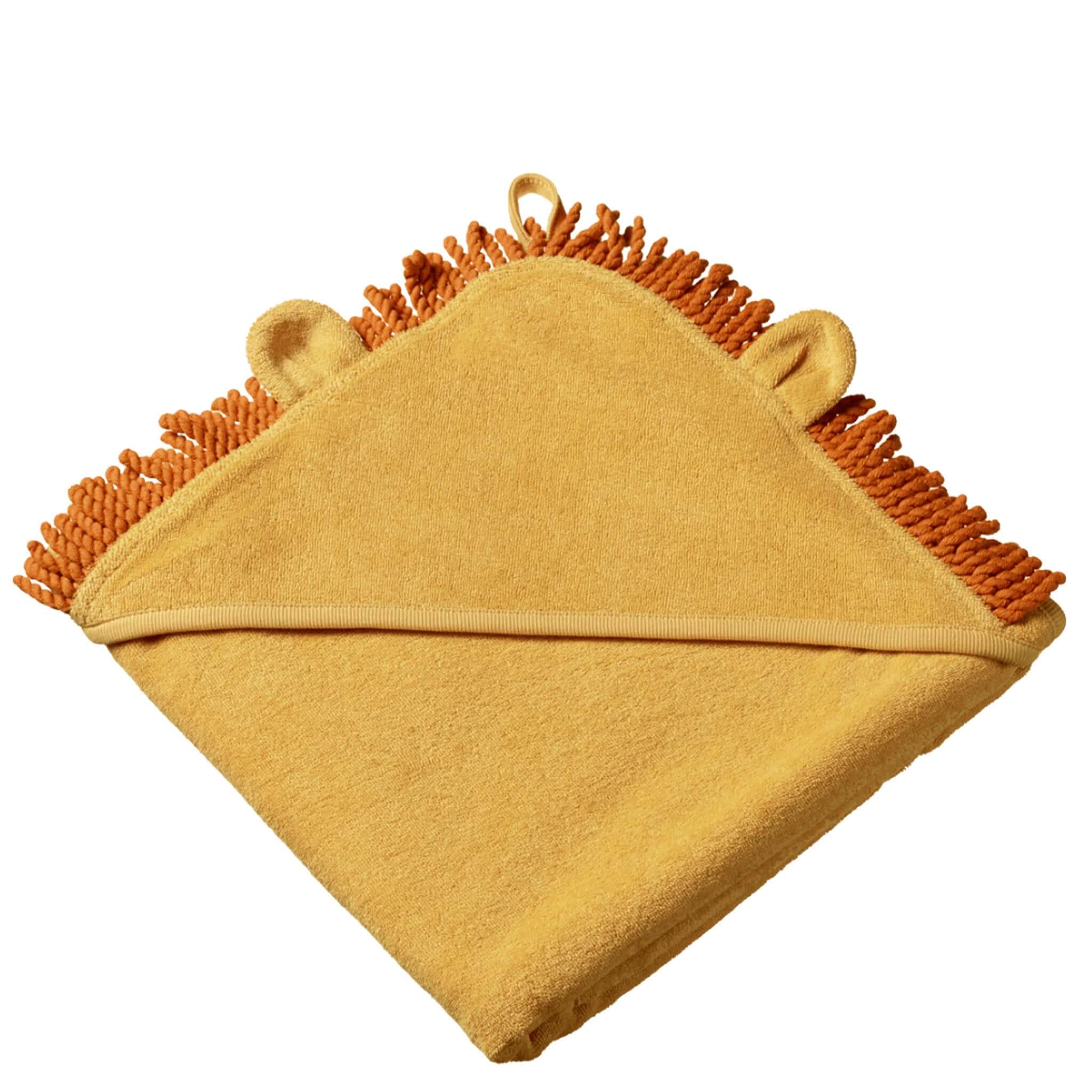 Alt Tag: Nature Baby Organic Cotton Lion Hooded Towel - Golden organic cotton baby hooded towel with lion ears and tassel mane