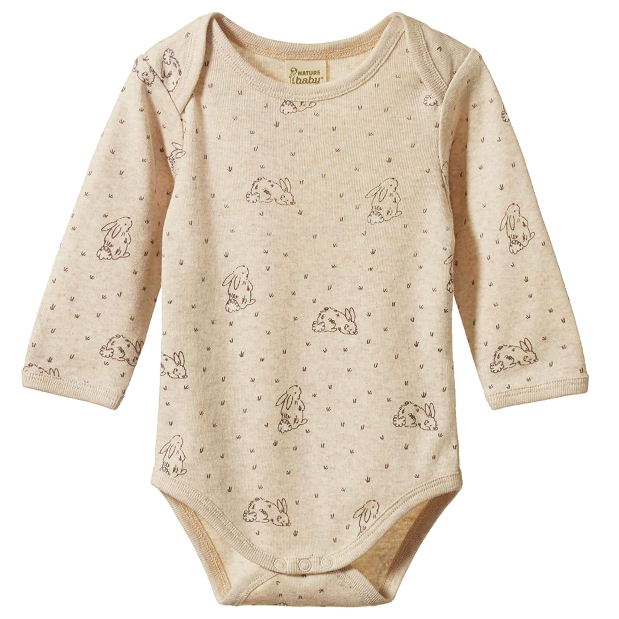 Nature Baby Organic Cotton Long Sleeve Bodysuit - Bramble Burrow organic cotton baby bodysuit with long sleeves, bunny print, envelope neck