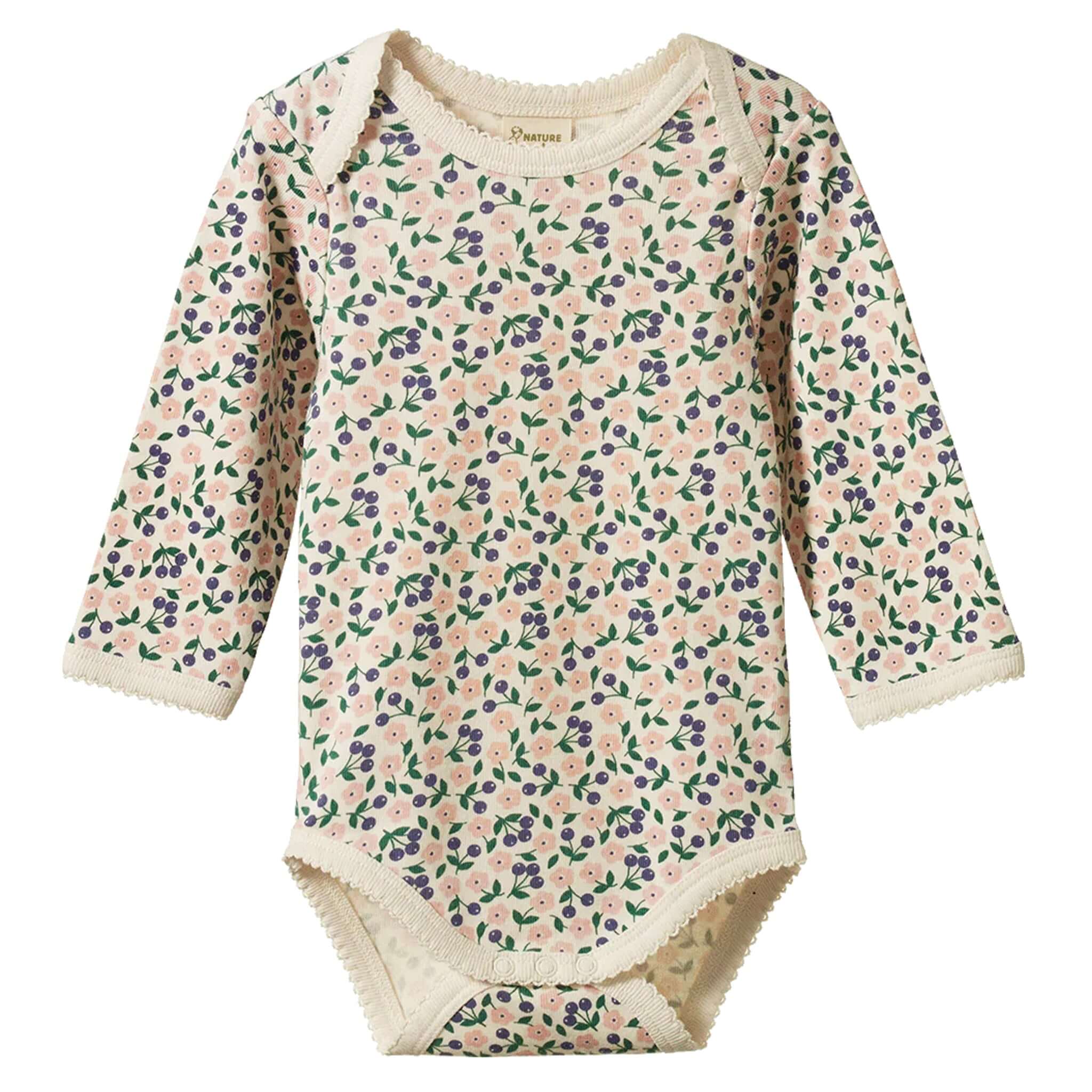 Alt Tag: Nature Baby Organic Cotton Long Sleeve Bodysuit - Briarwood floral print long sleeve baby bodysuit with envelope neck and snaps