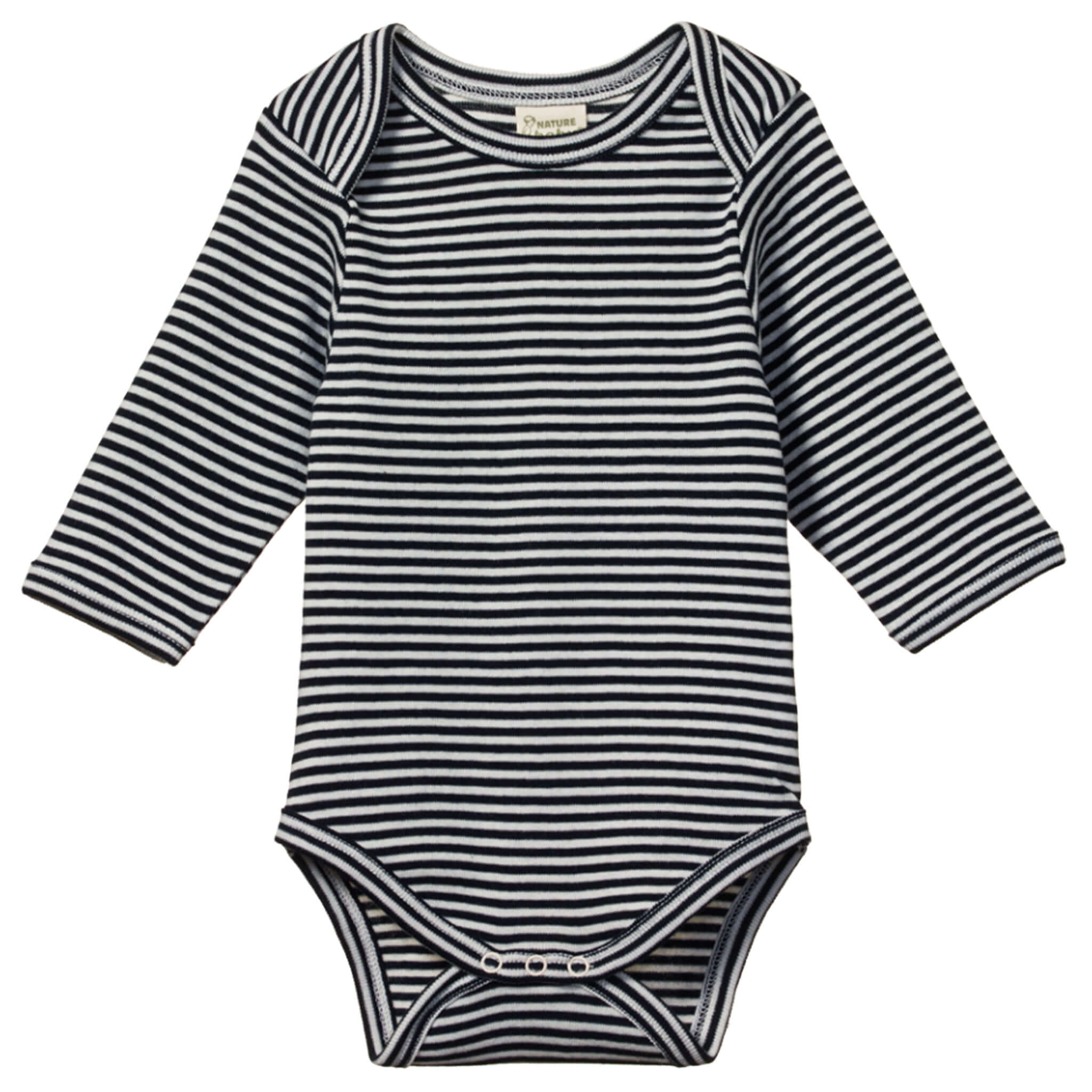 Alt Tag: Nature Baby Organic Cotton Long Sleeve Bodysuit - Navy Stripe GOTS-certified baby bodysuit with snap domes, navy striped