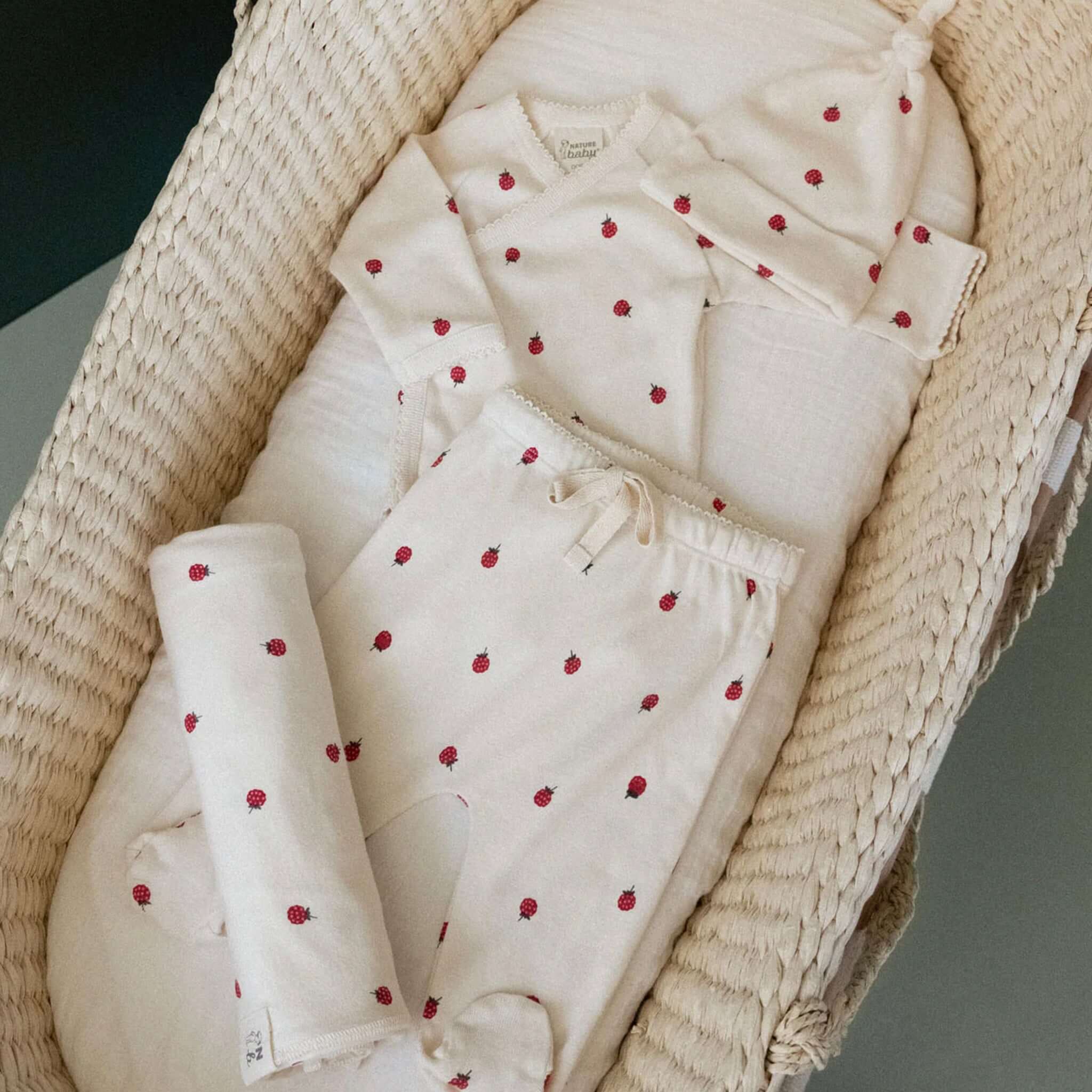Alt Tag: Nature Baby Organic Cotton Welcome Home Bundle - Raspberry organic cotton newborn set with kimono bodysuit, pants and wrap in bassinet