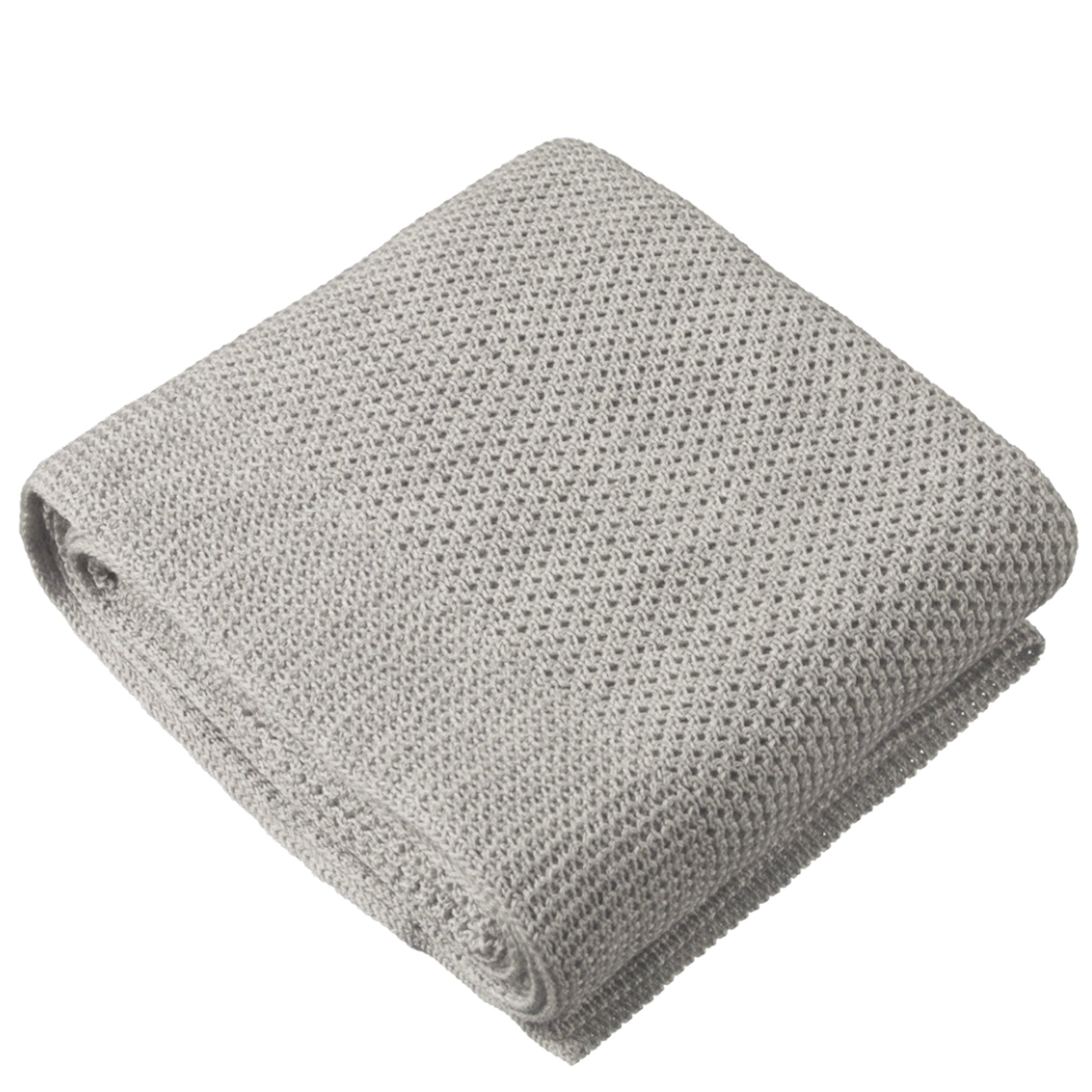 Folded organic merino wool blanket in light grey marle with a visible knitted texture.