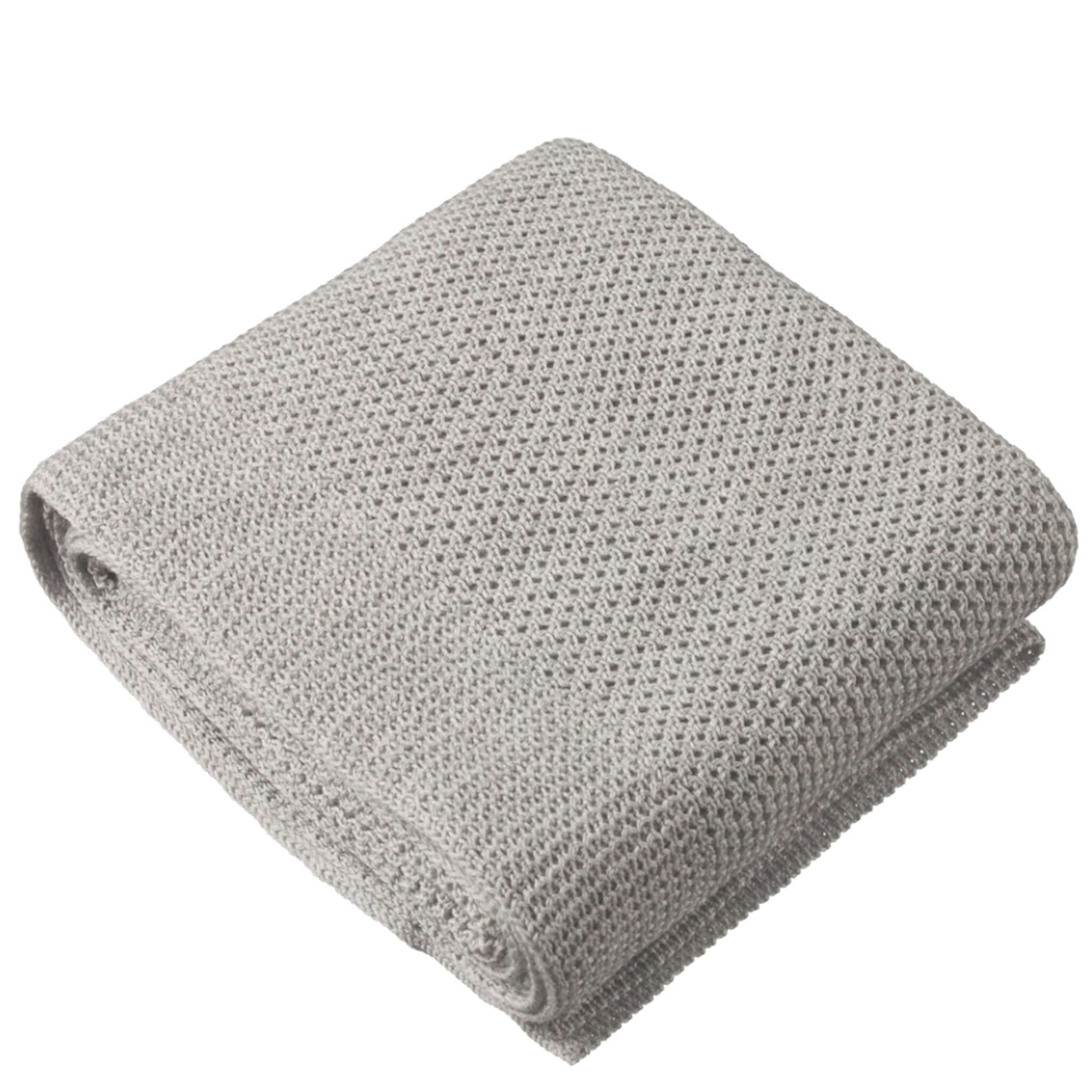 Alt Tag: Nature Baby Organic Merino Cot Blanket - Light Grey Marl folded organic merino knit cot blanket in light grey marl