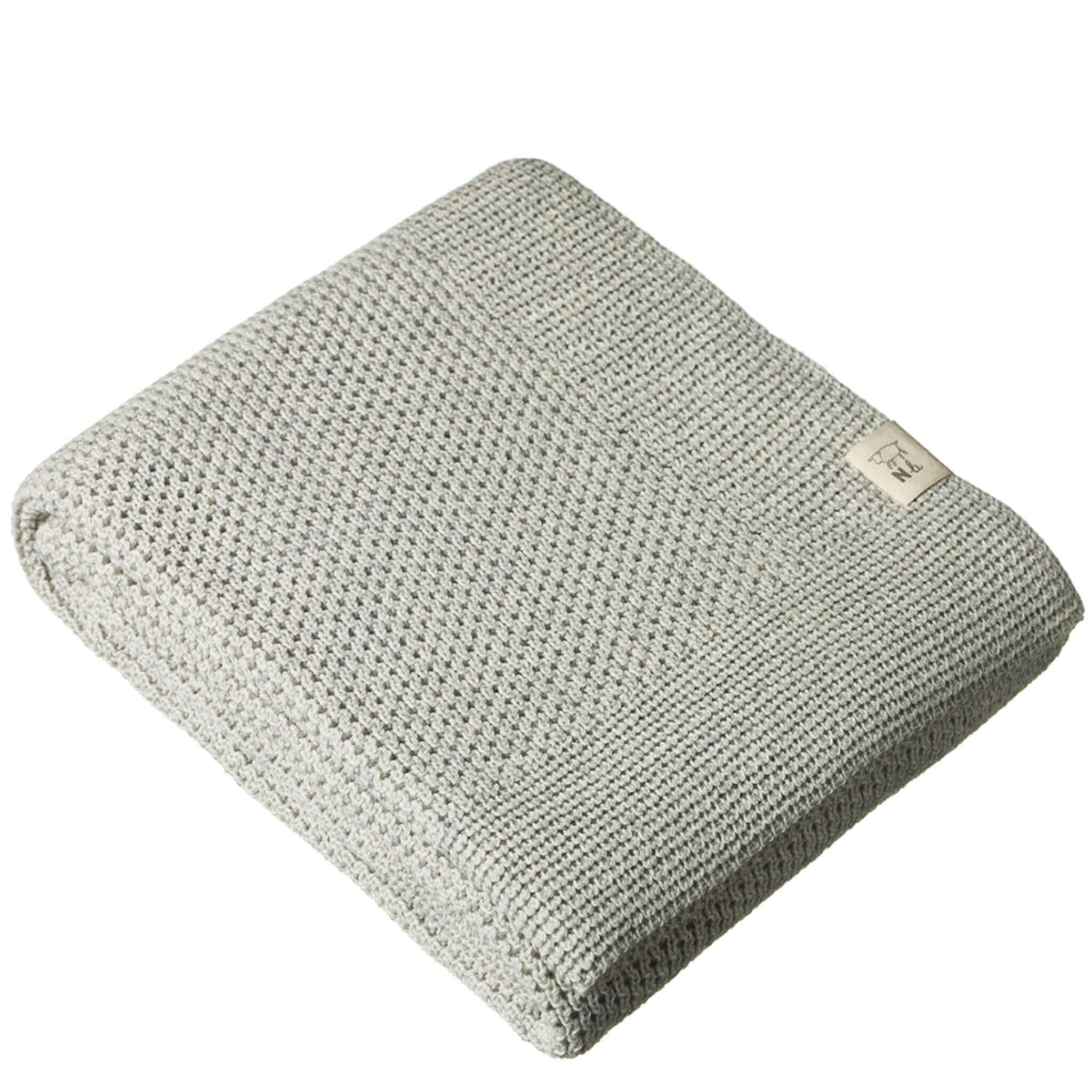 Alt Tag: Nature Baby Organic Merino Cot Blanket - Light Grey Marl folded organic merino knit baby cot blanket, warm all-season comfort