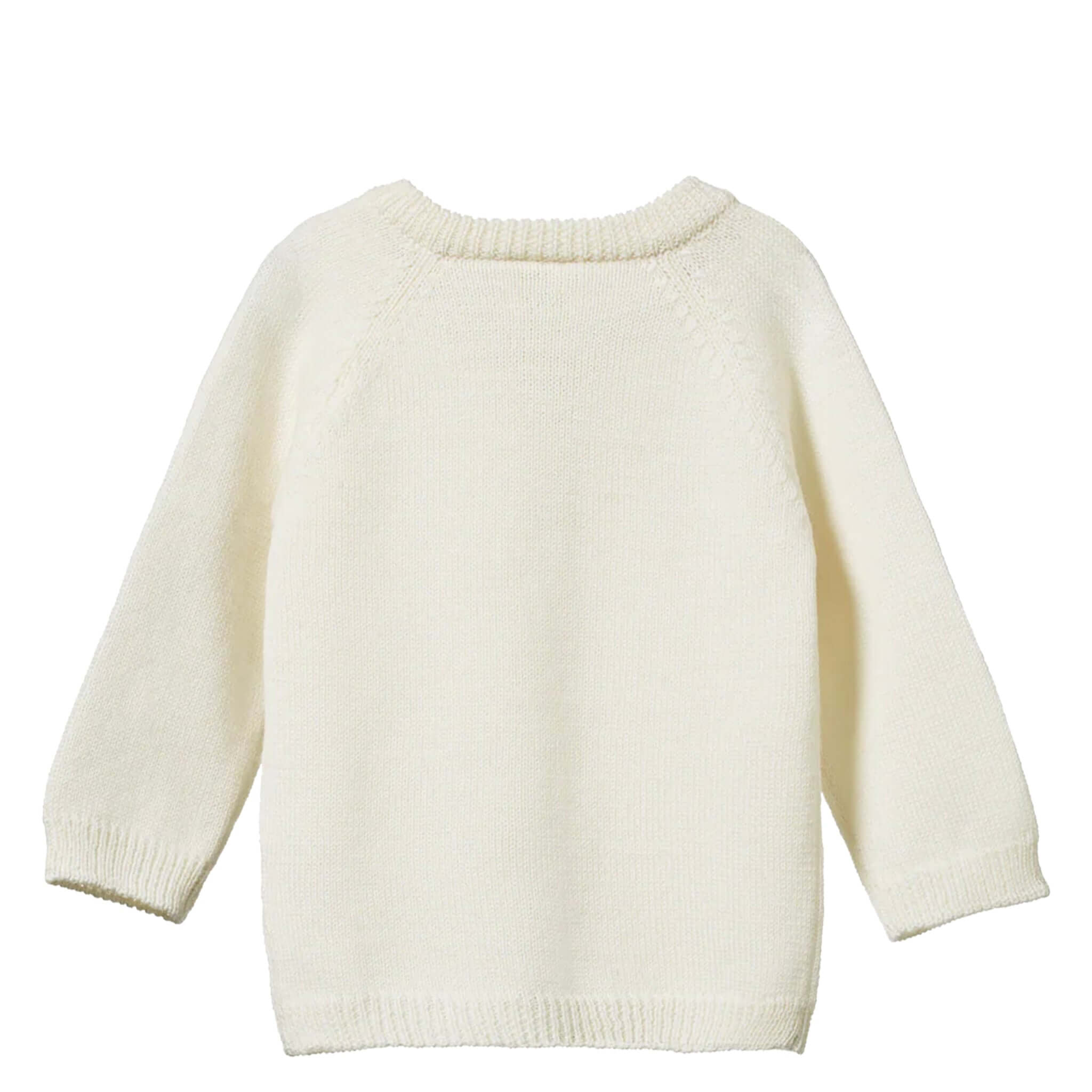 Alt Tag: Nature Baby Organic Merino Knit Cardigan - Natural in cream organic merino wool knit, long sleeve baby cardigan with rib neck and cuffs