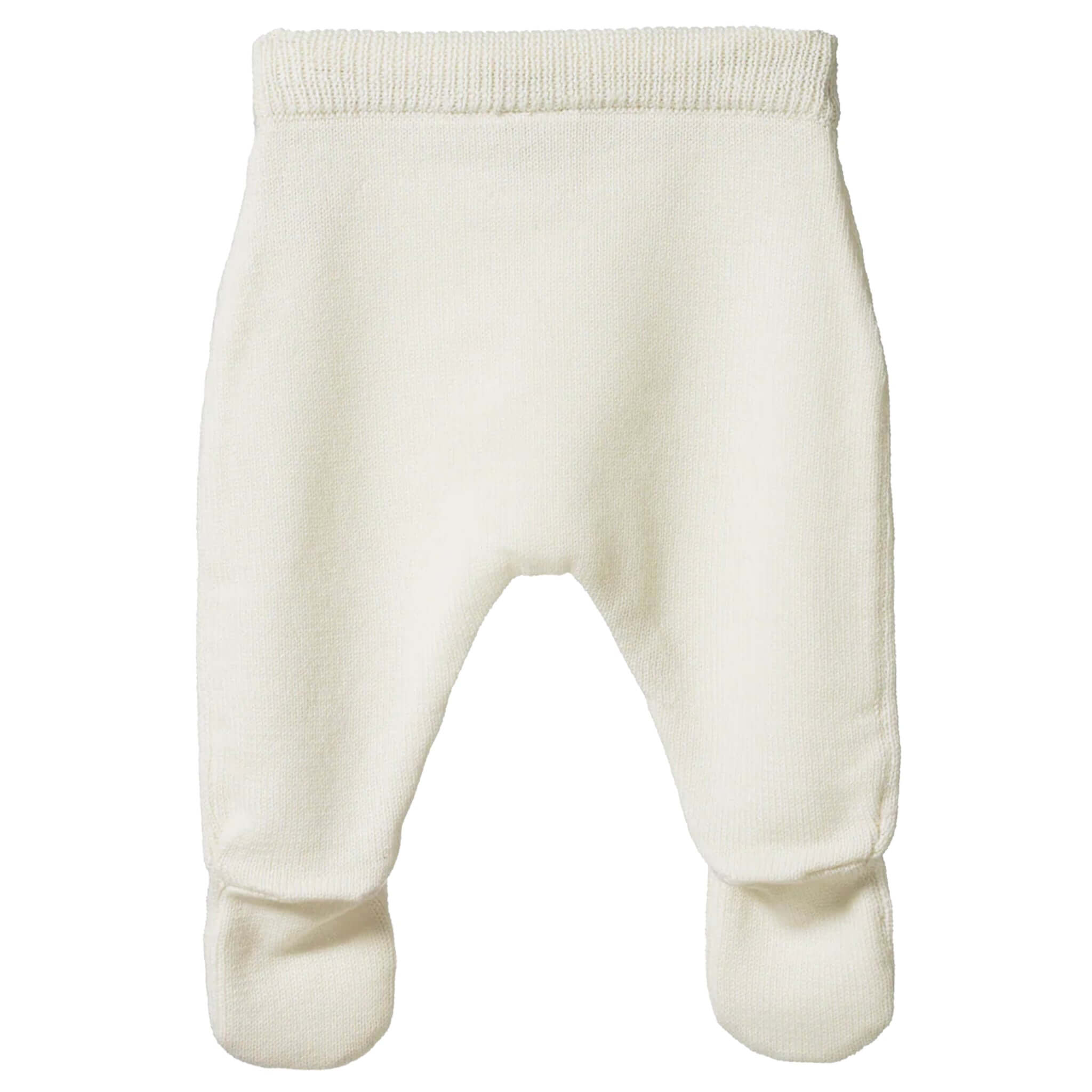 Alt Tag: Nature Baby Organic Merino Knit Footed Romper - Natural organic merino wool footed baby pants in natural with elastic waistband