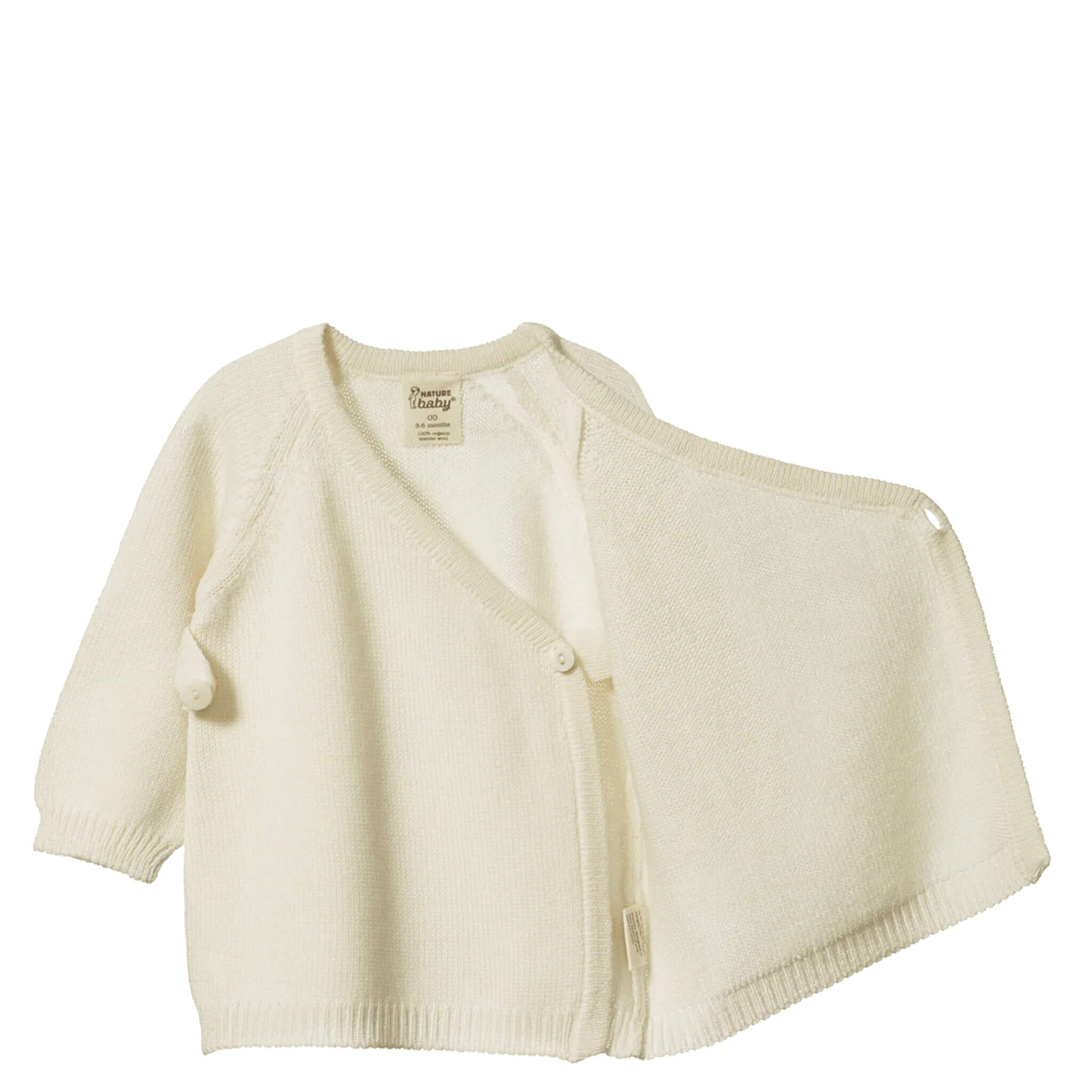 Alt Tag: Nature Baby Organic Merino Knit Kimono Jacket - Natural organic merino wrap kimono baby cardigan in natural with button closure