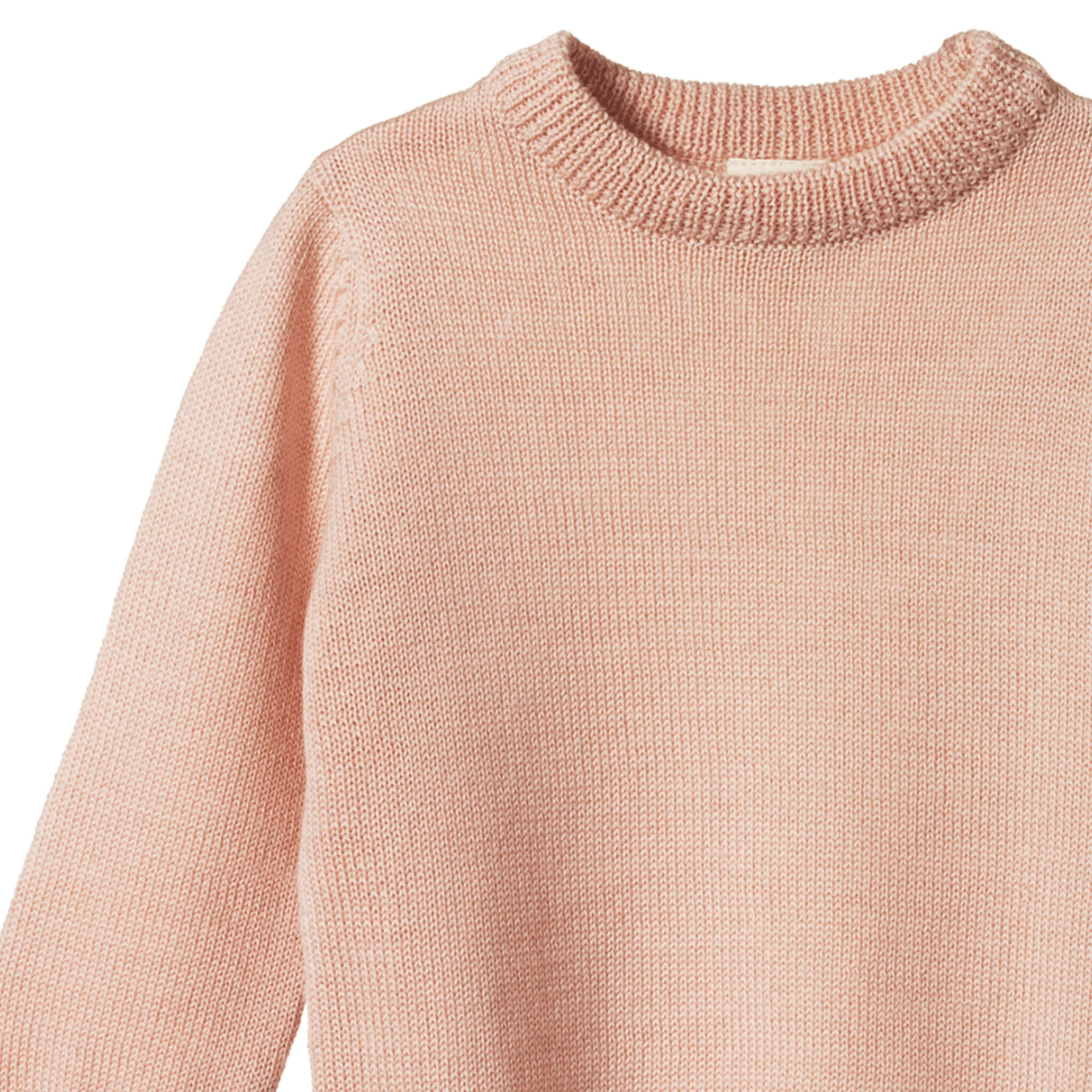 Alt Tag: Nature Baby Organic Merino Knit Pullover - Rose Dust organic merino wool baby sweater, classic stocking stitch knit, rib trim, round neck