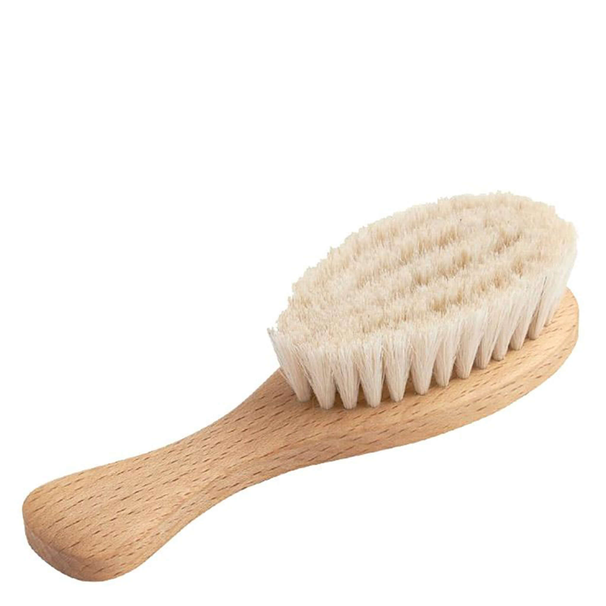 Alt Tag: Nature Baby Soft Hair Brush with waxed beechwood handle and ultra-soft goat hair bristles for gentle newborn grooming