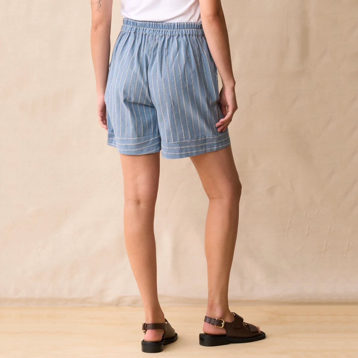 Neris Kaia Shorts - Canal front view of the blue pinstripe shorts