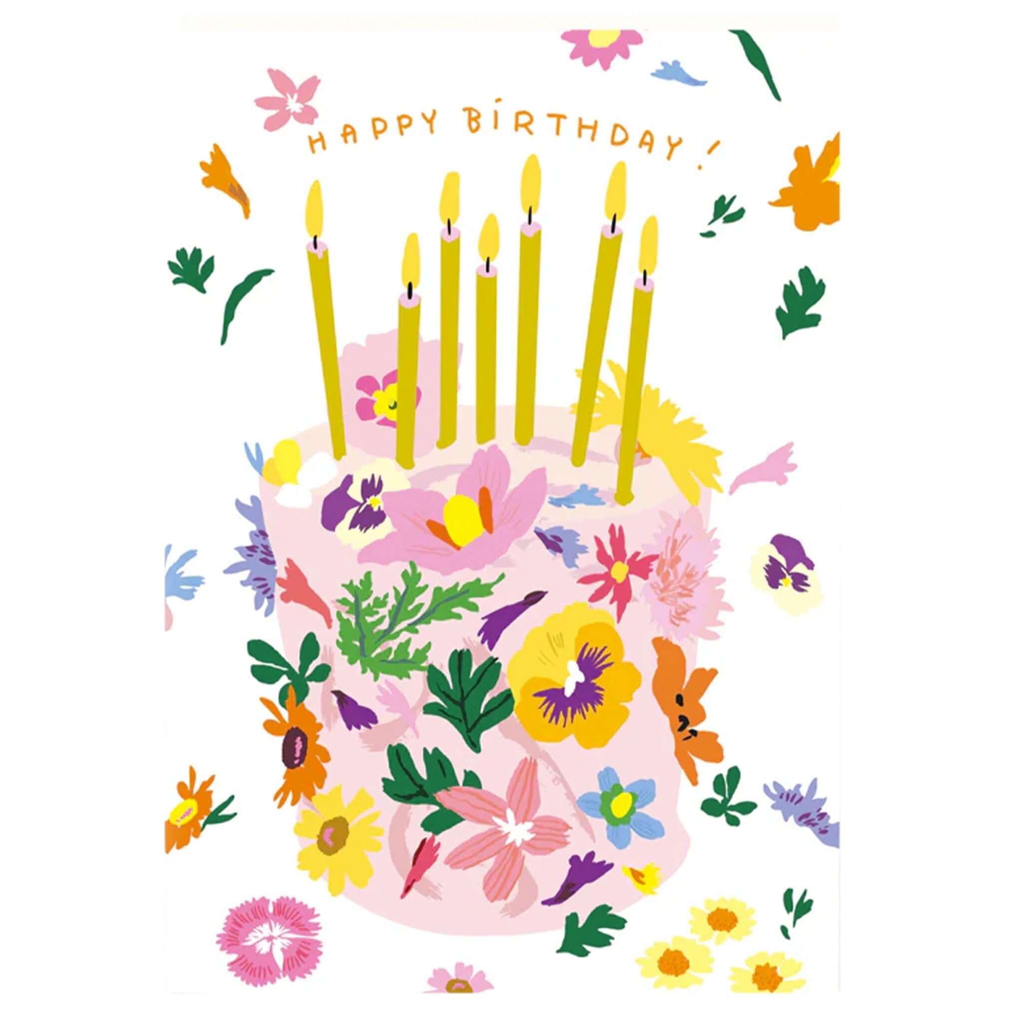 Noi Publishing Card - Floral Cake Birthday featuring a colorful floral cake with candles and a "Happy Birthday!" message.