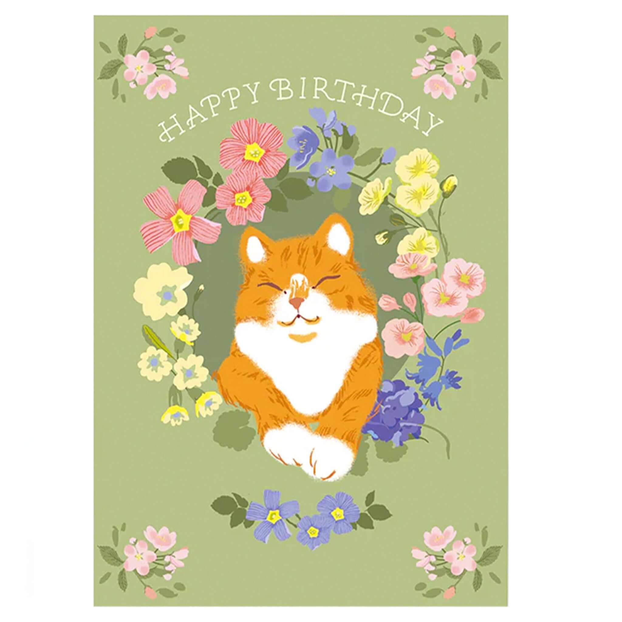 Noi Publishing Card - Floral Ginger Cat Happy Birthday featuring a smiling cat and colorful flowers on a sage green background.