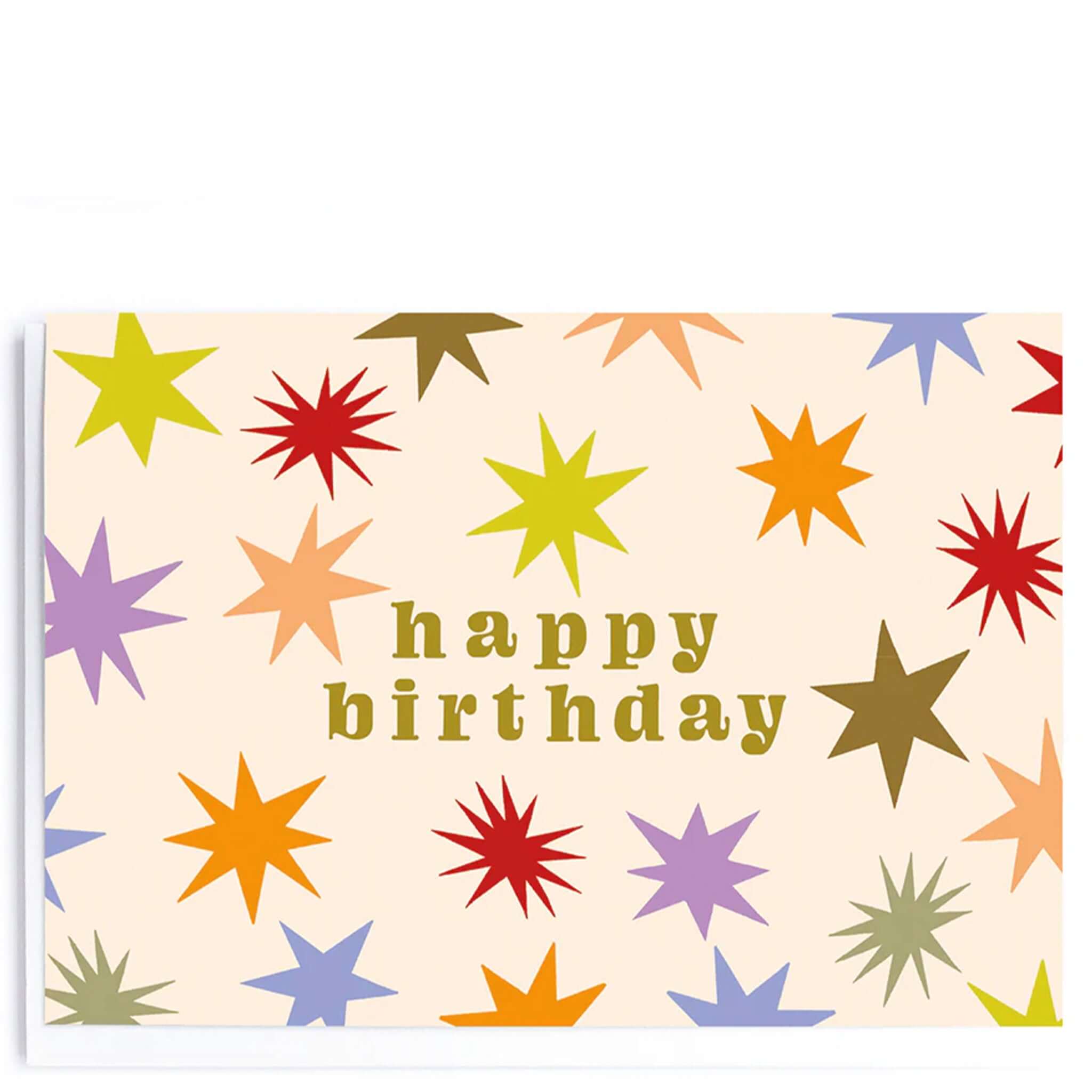 Noi Publishing Card - Starburst Birthday with colorful stars and gold foil 'happy birthday' text on cream background.