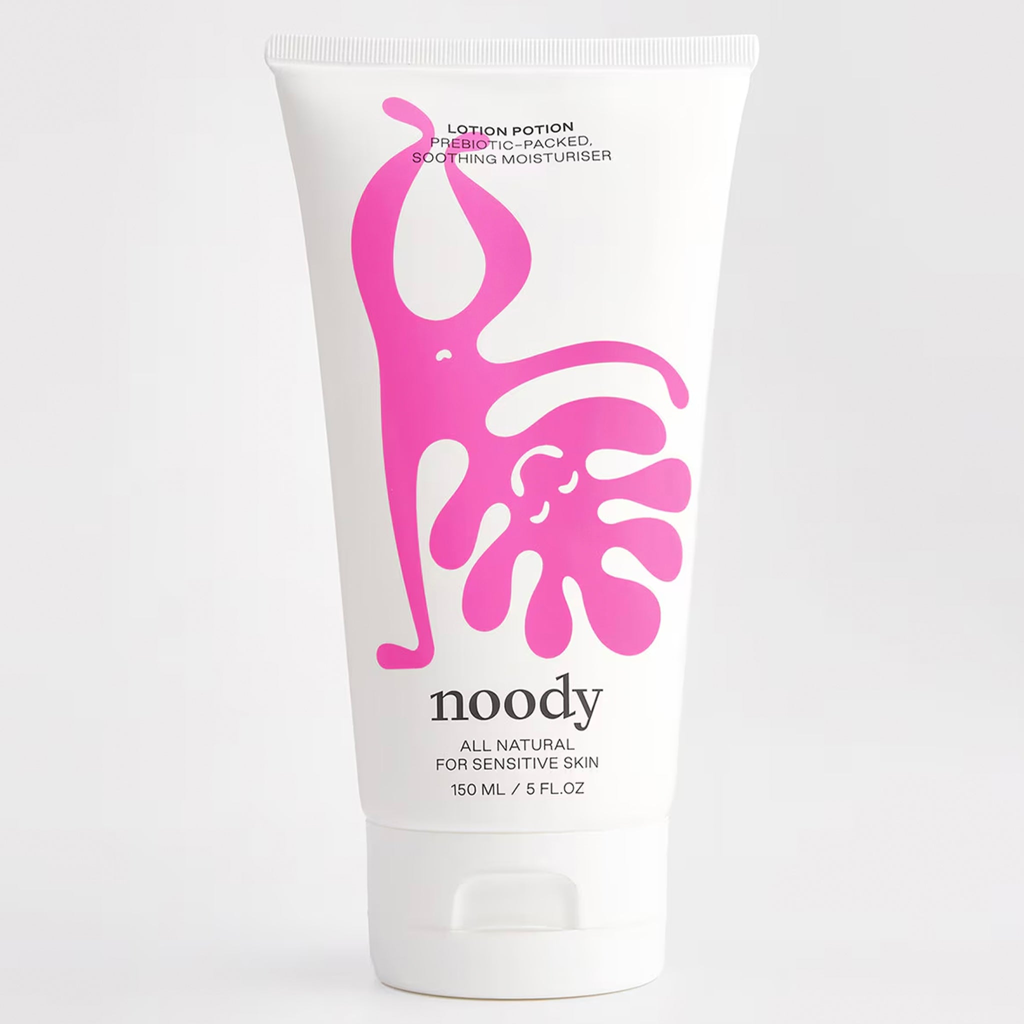 Noody lotion tube with pink design on a white background