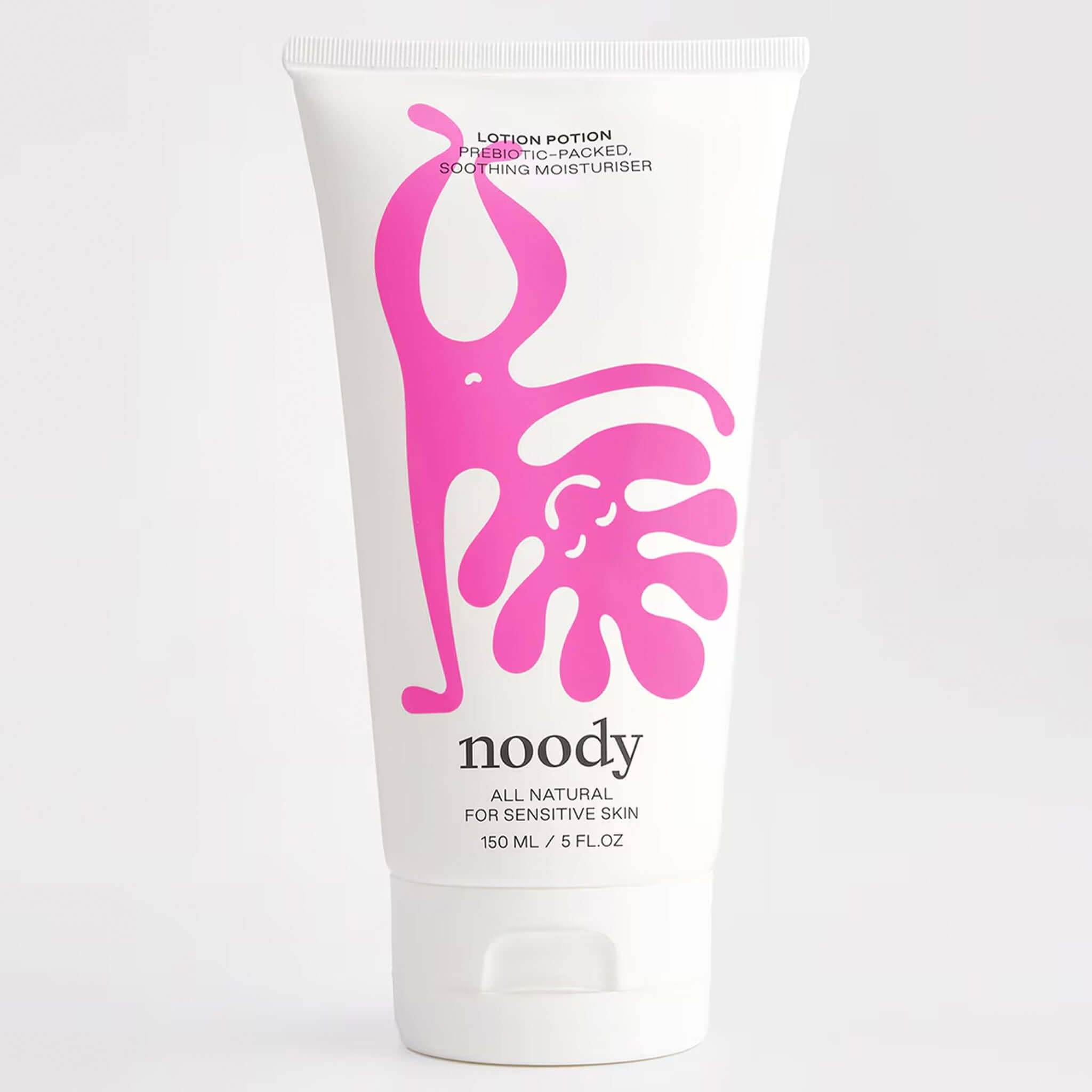 Noody lotion tube with pink design on a white background