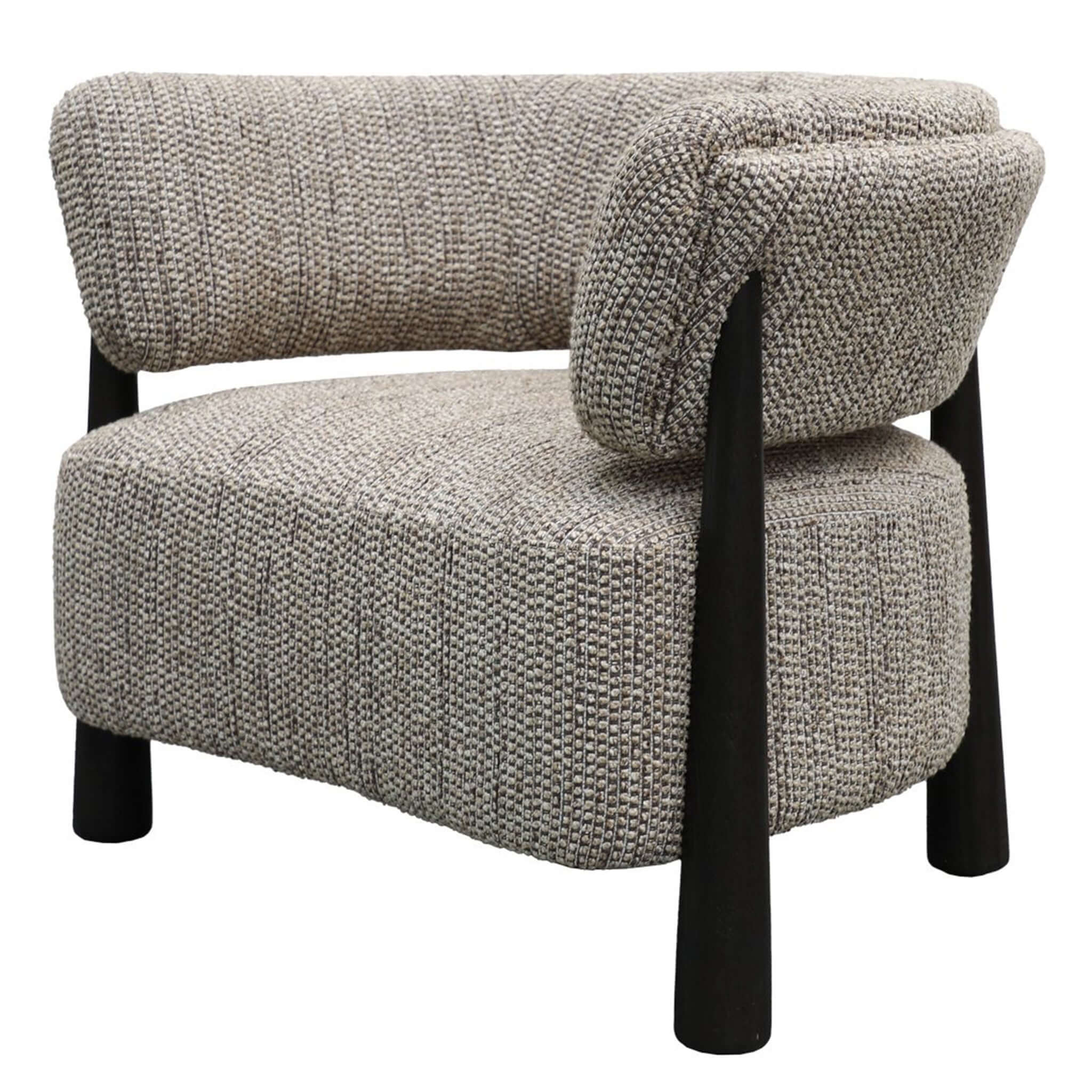 Alt Tag: Odessa Occasional Chair in two-tone tweed-like upholstery with fluted dark wood legs, retro mid-century occasional armchair