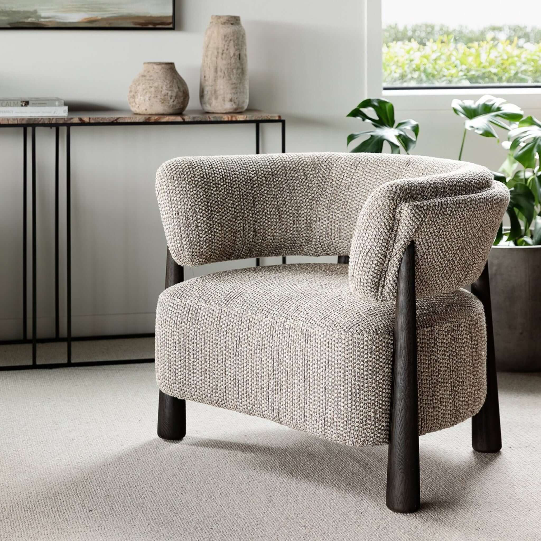 Alt Tag: Odessa Occasional Chair in two-tone tweed-like upholstery with dark fluted wood legs, retro mid-century accent chair