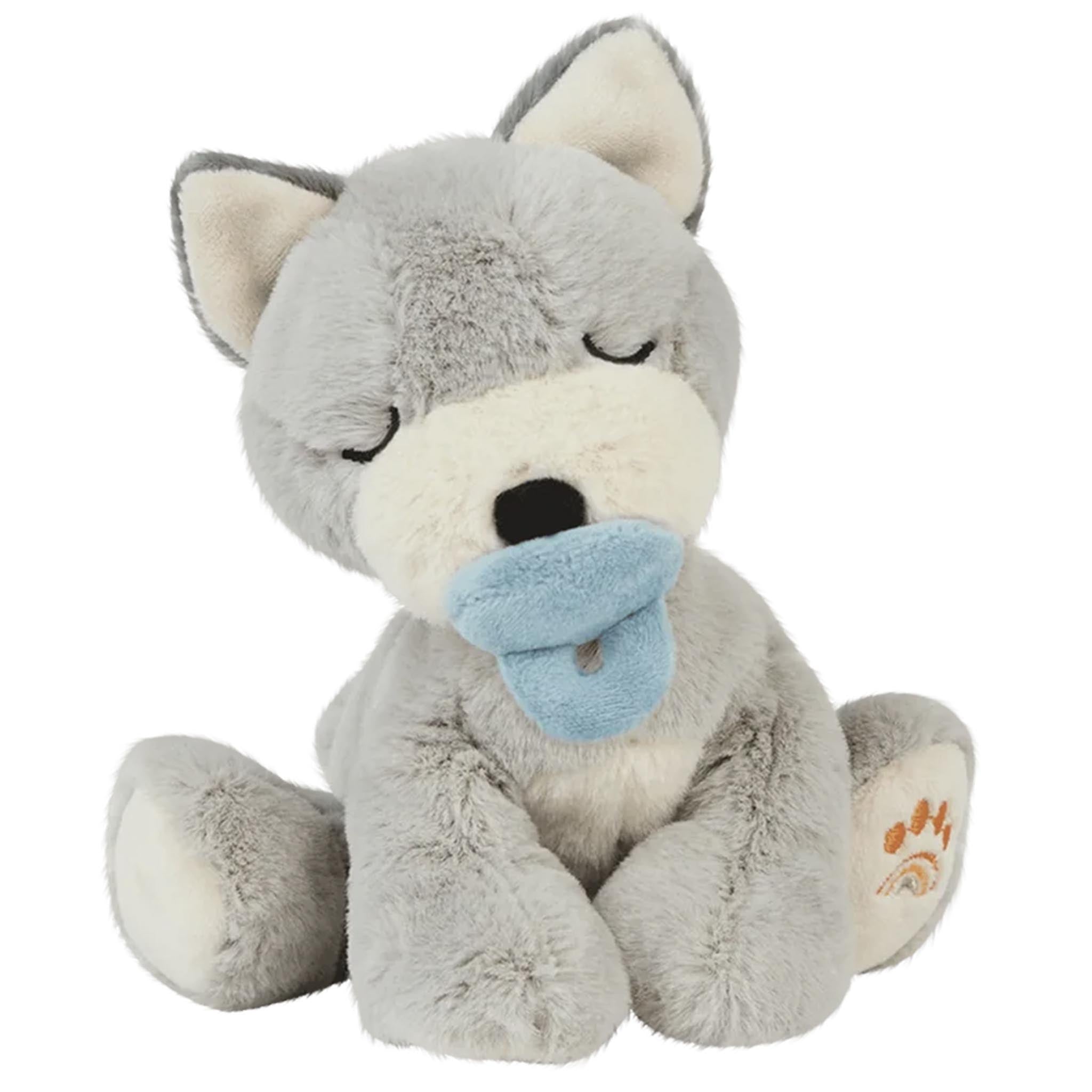Plush toy wolf with a blue pacifier on a white background