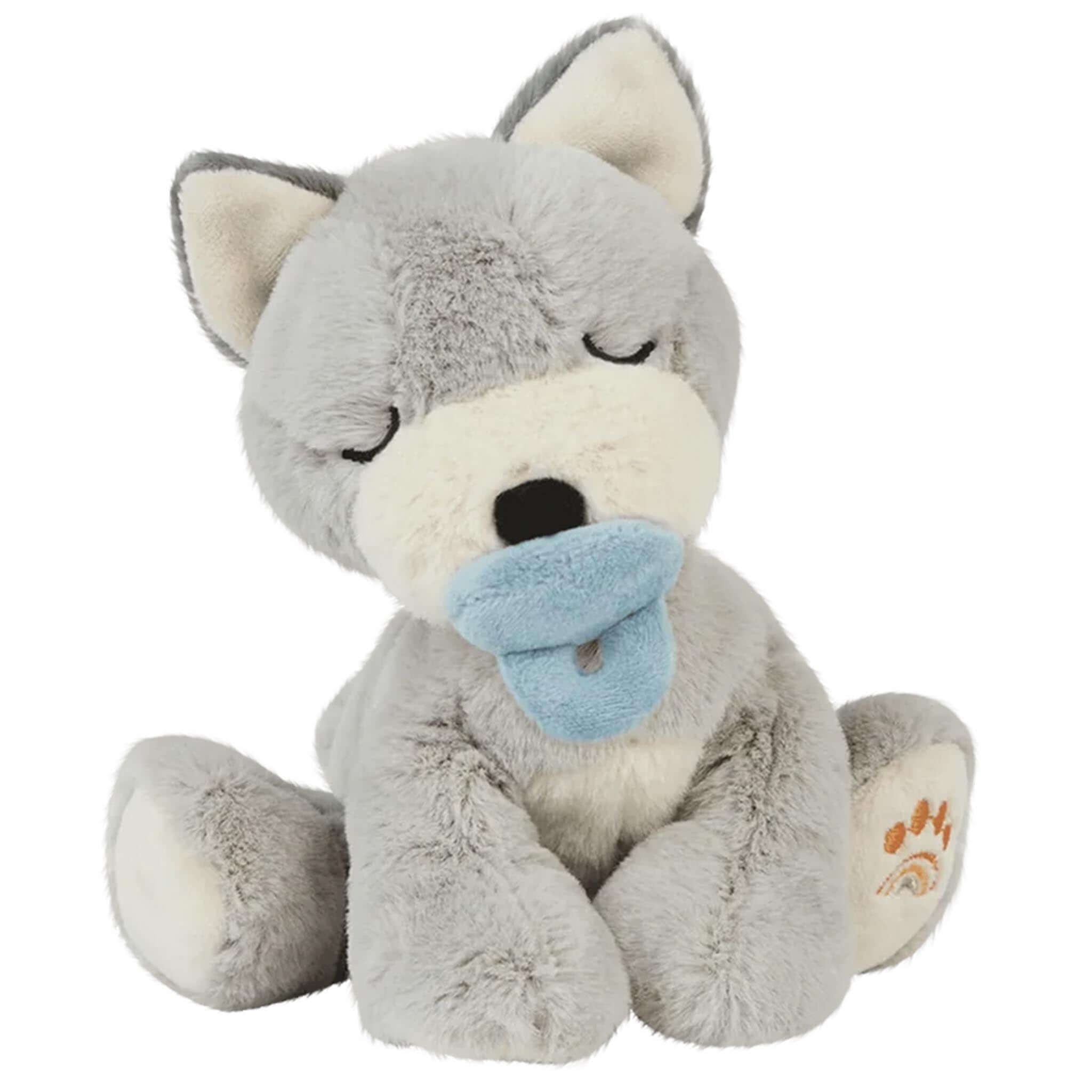 Plush toy wolf with a blue pacifier on a white background