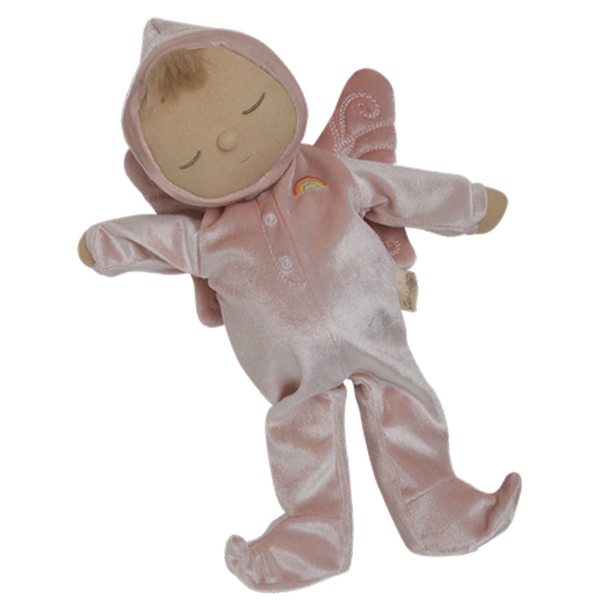 Pink plush baby doll with a hood and wings on a white background