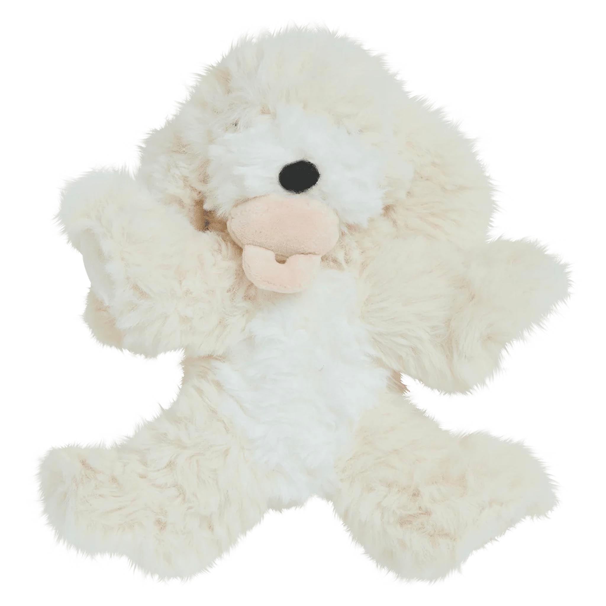 Plush toy dog with a white and beige color scheme on a white background