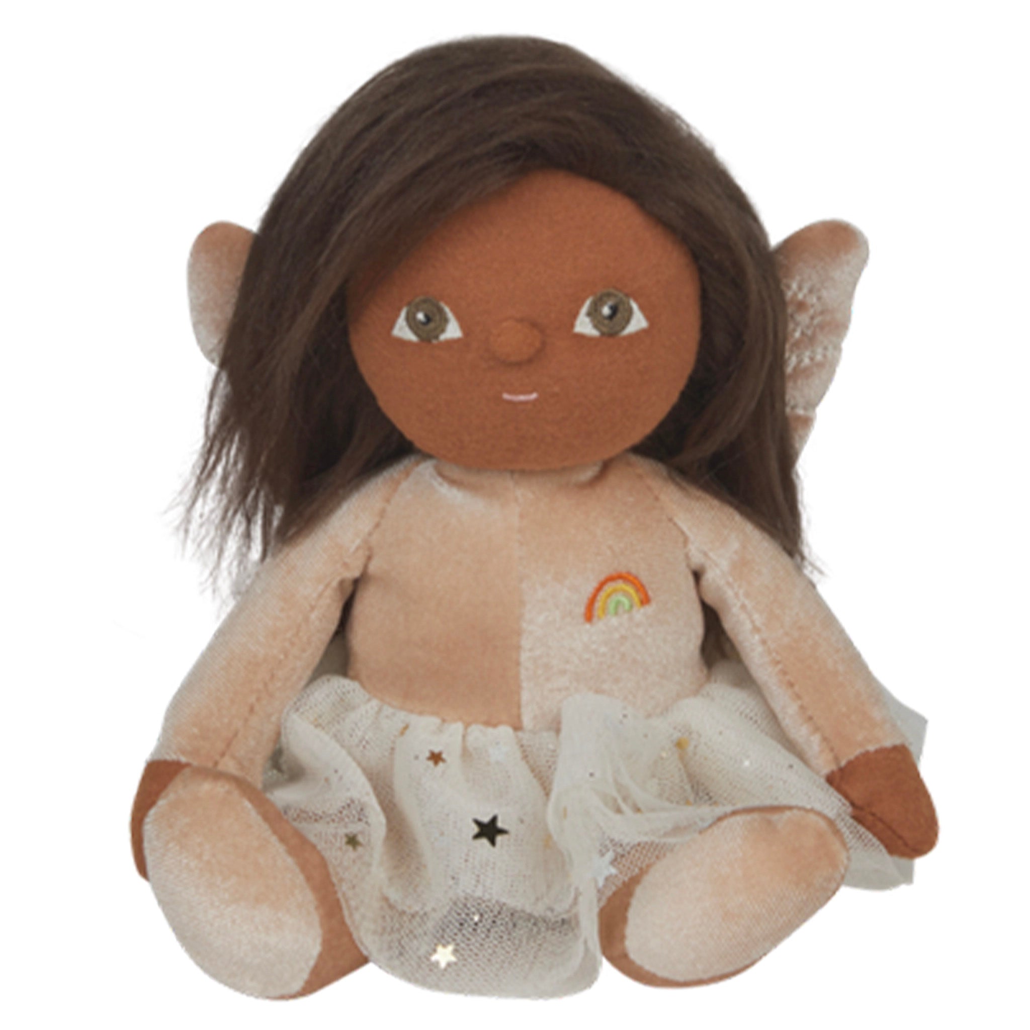 Stuffed doll with brown hair, fairy wings, and a rainbow emblem on a white background