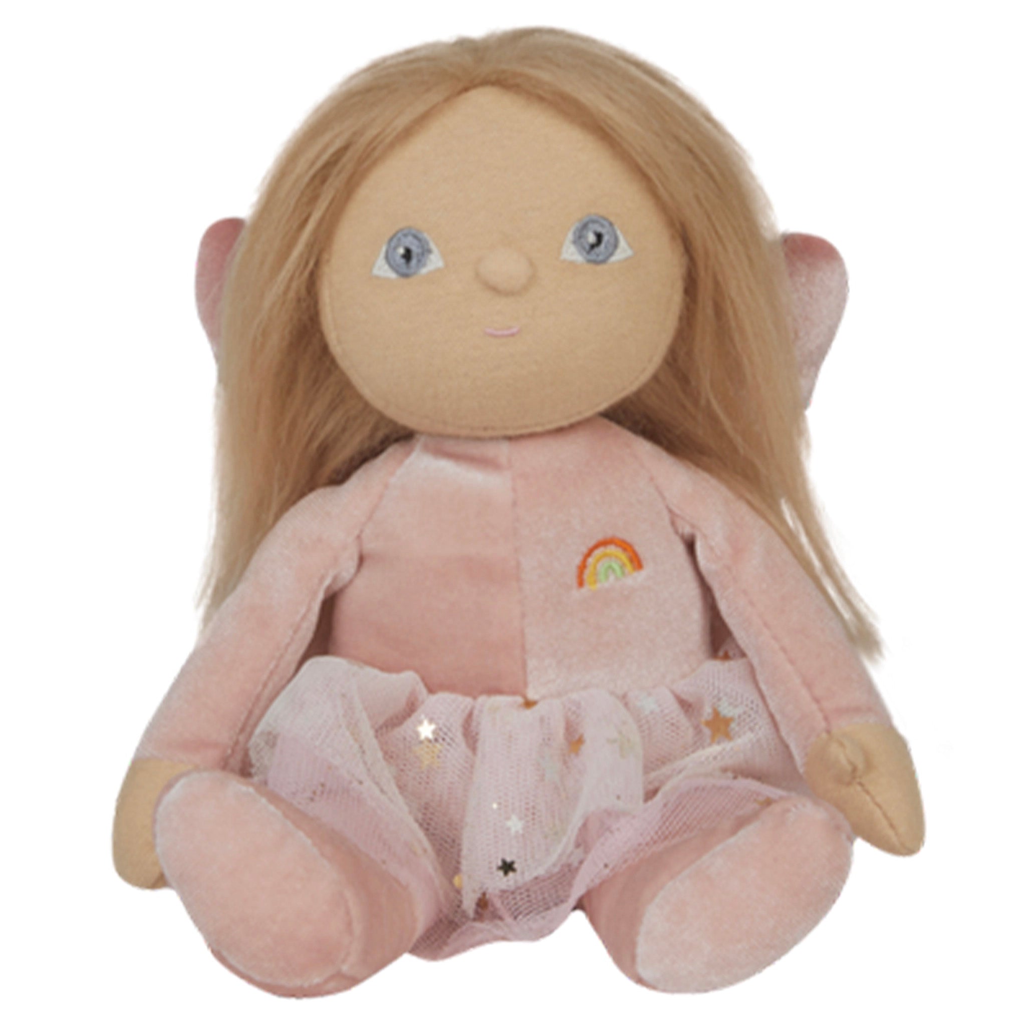 Plush toy doll with blonde hair and pink outfit on a white background