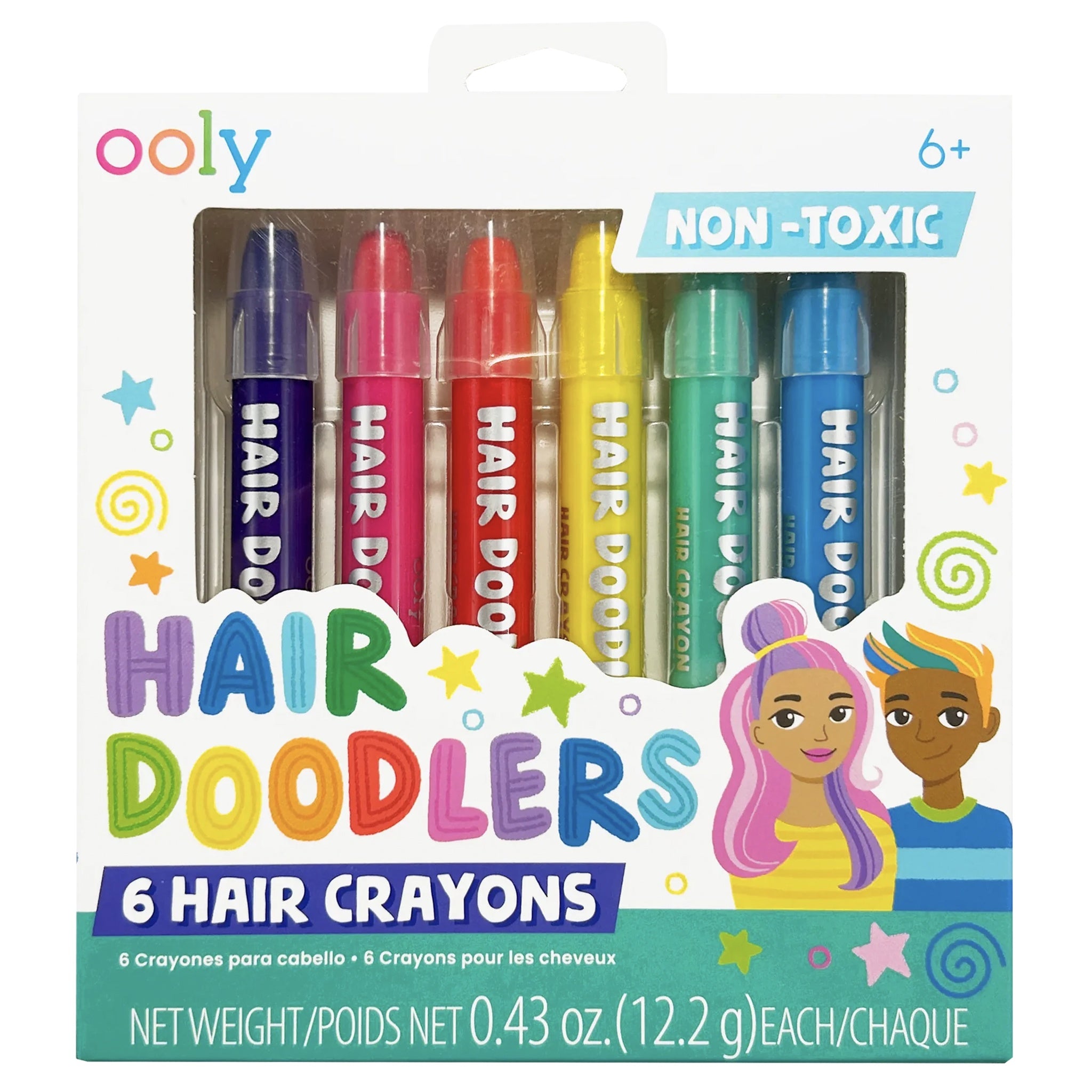 Packaging of Ooly Hair Doodlers hair crayons with colorful crayon illustrations and child-friendly design.