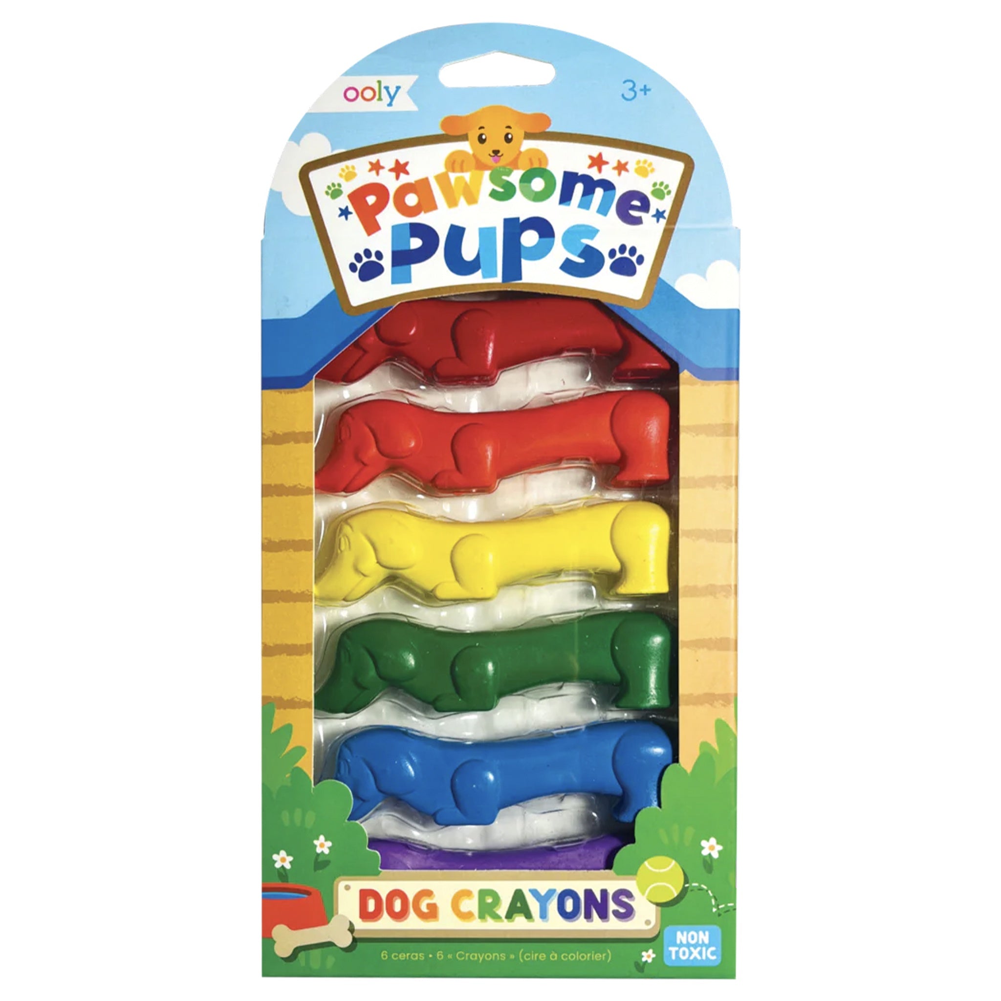 Packaging of 'Pawsome Pups' dog crayons with colorful crayons inside.