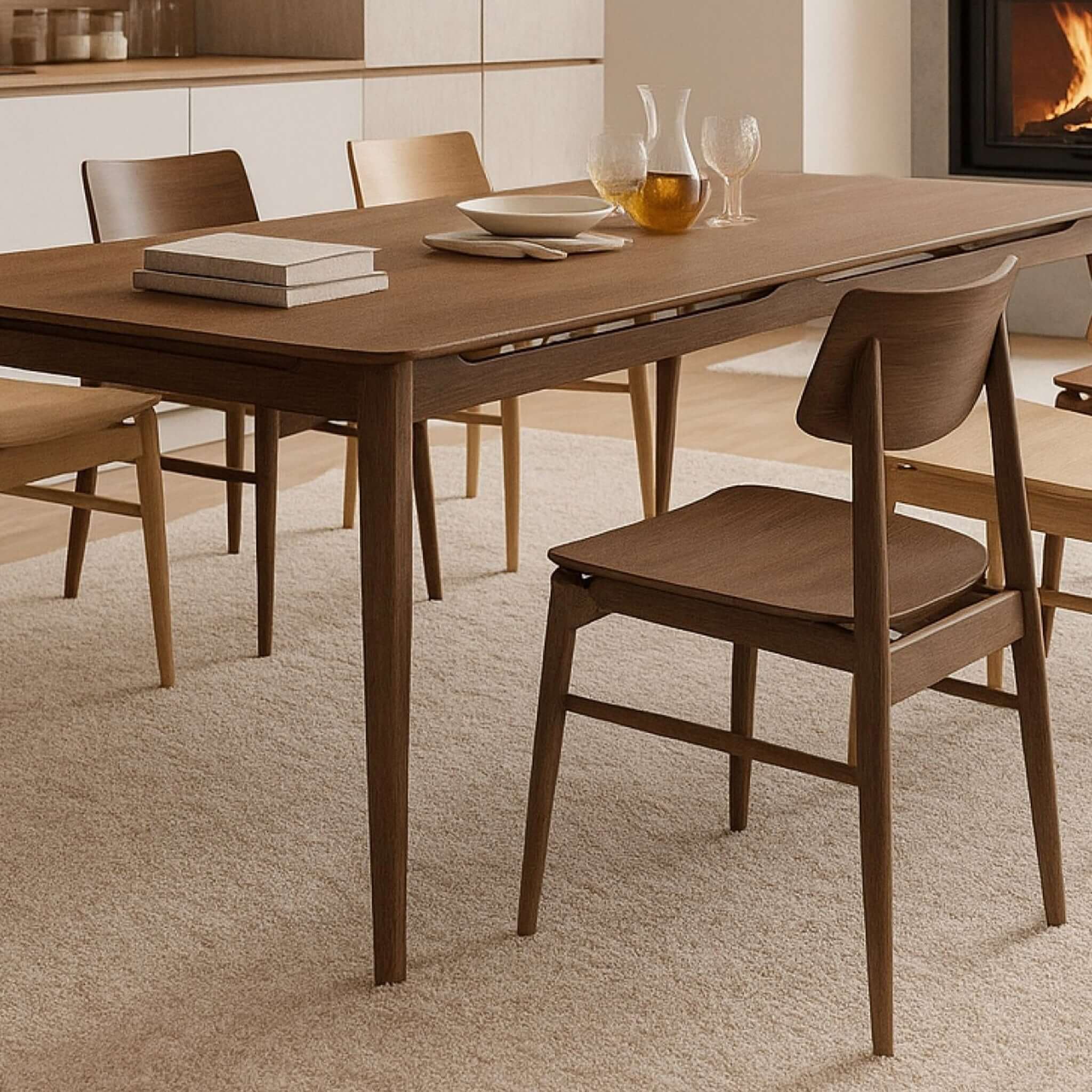 Alt Tag: Oslo Solid Oak Dining Chair around oak dining table in Scandinavian-style dining room, smooth frame, gentle curves, airy silhouette