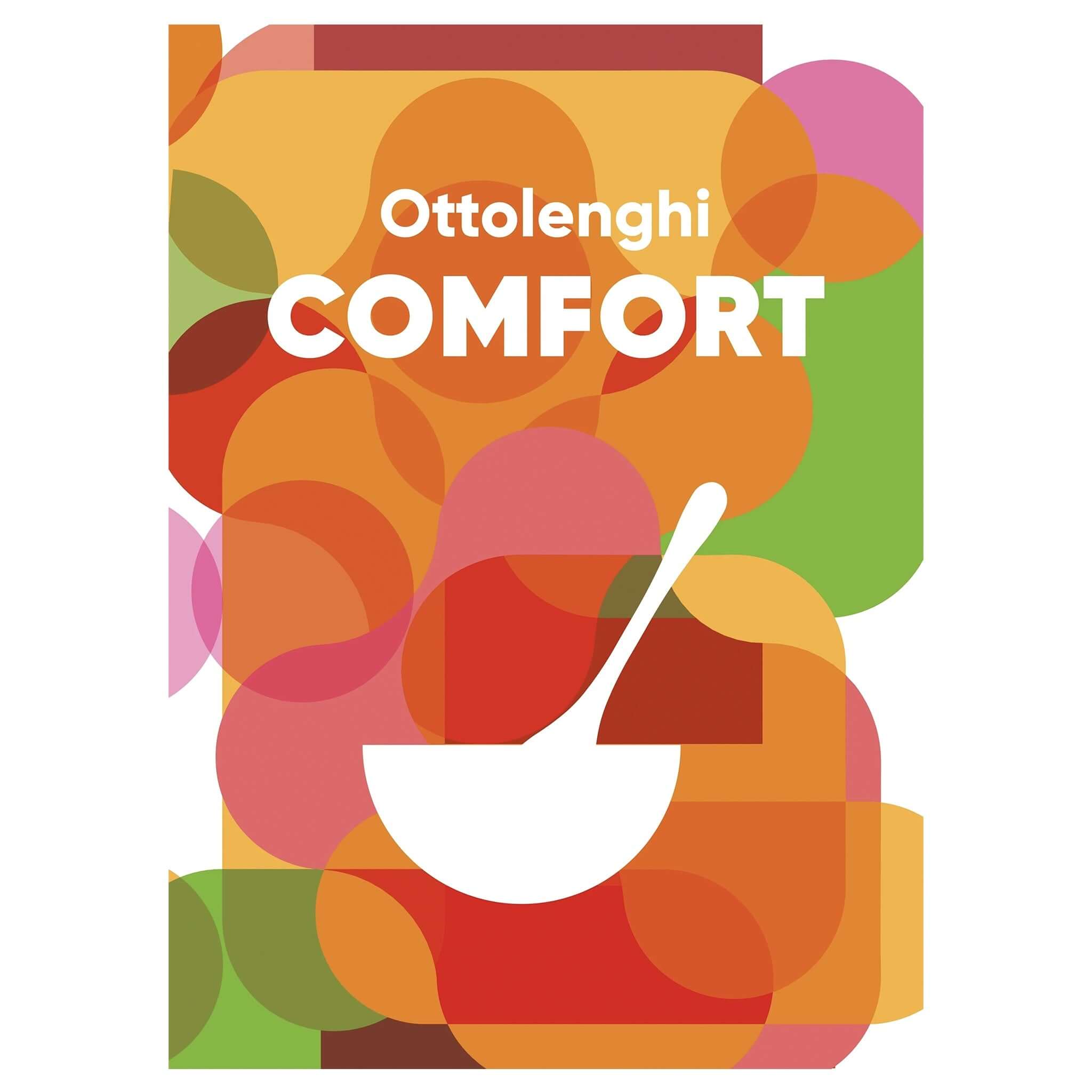 Alt Tag: Ottolenghi Comfort cookbook cover with colorful abstract circles and white mortar and pestle graphic