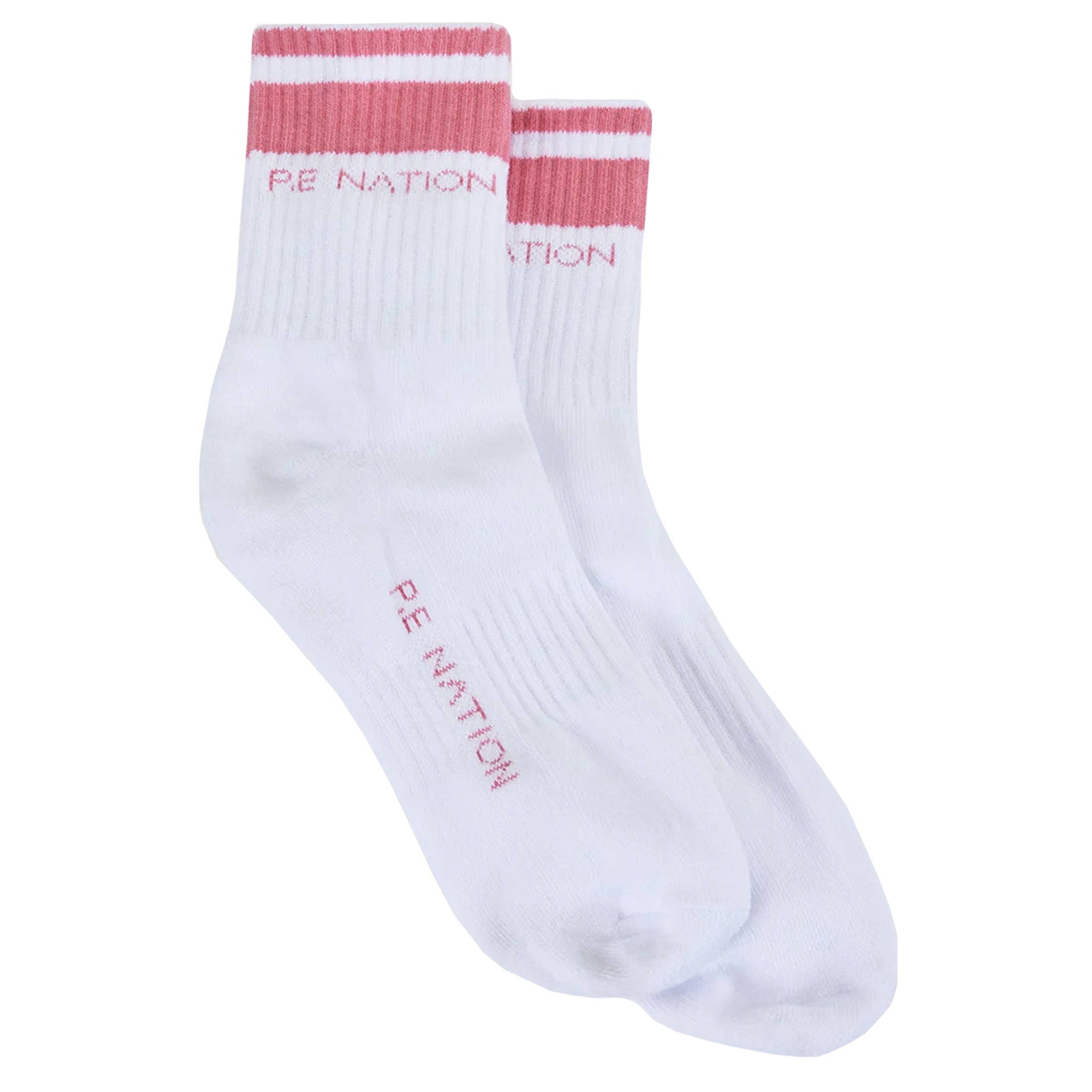 White socks with pink and white stripes and 'PE Nation' branding on a white background