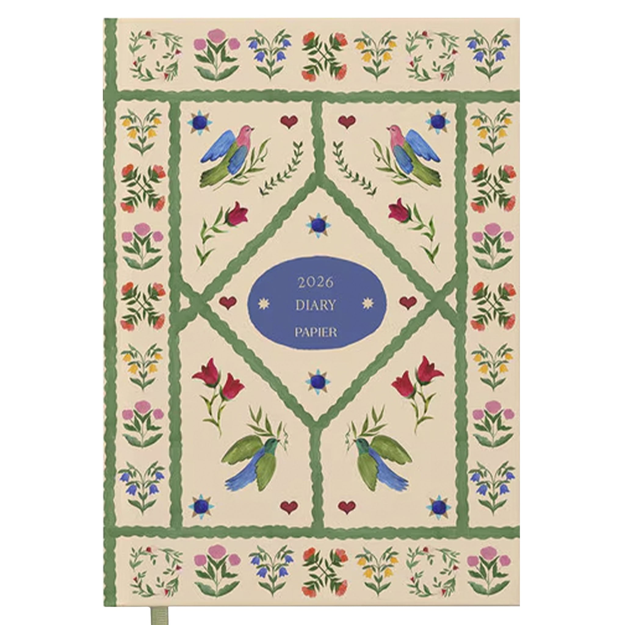 2026 diary with floral and bird design on a beige background