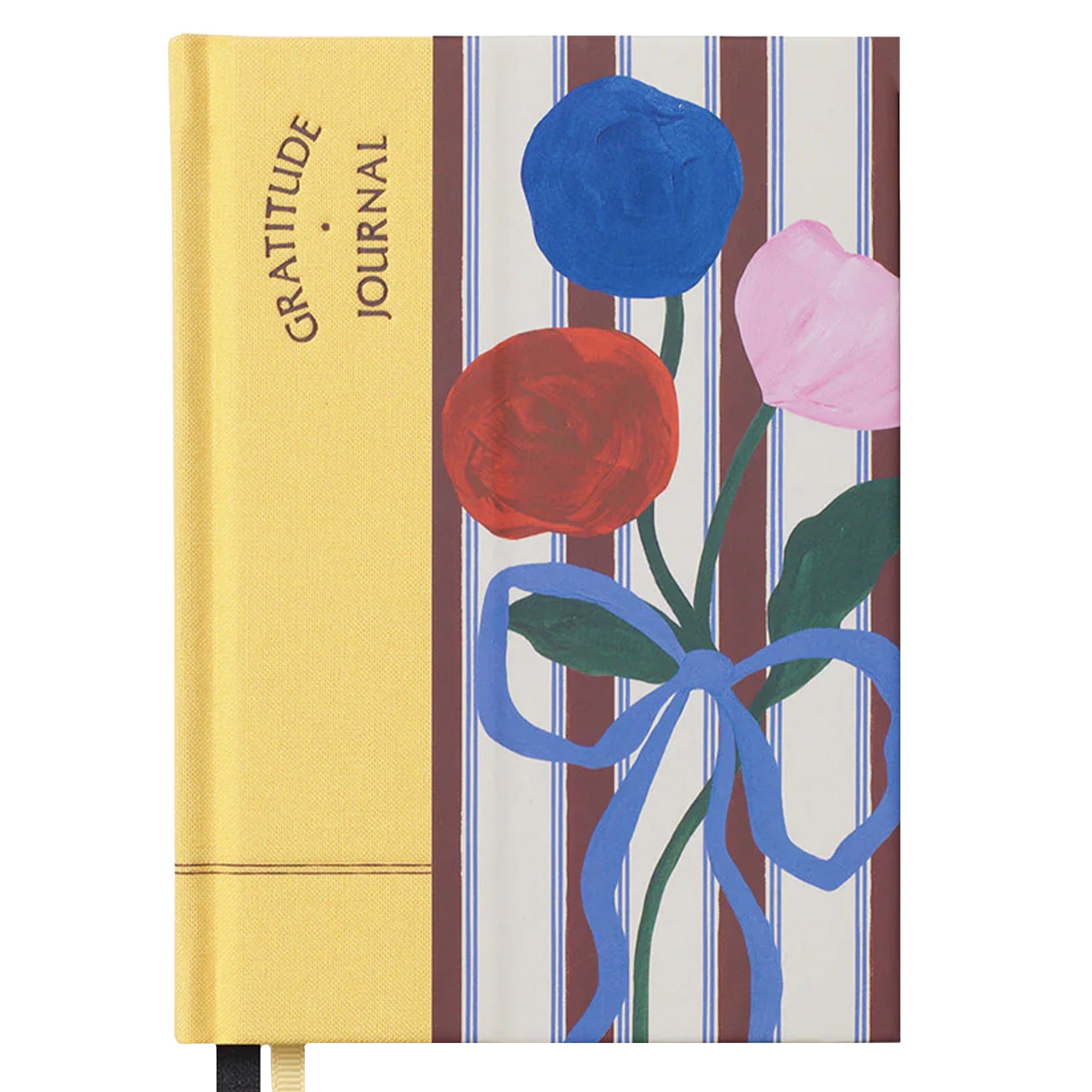 Gratitude journal with floral design and striped pattern on a white background