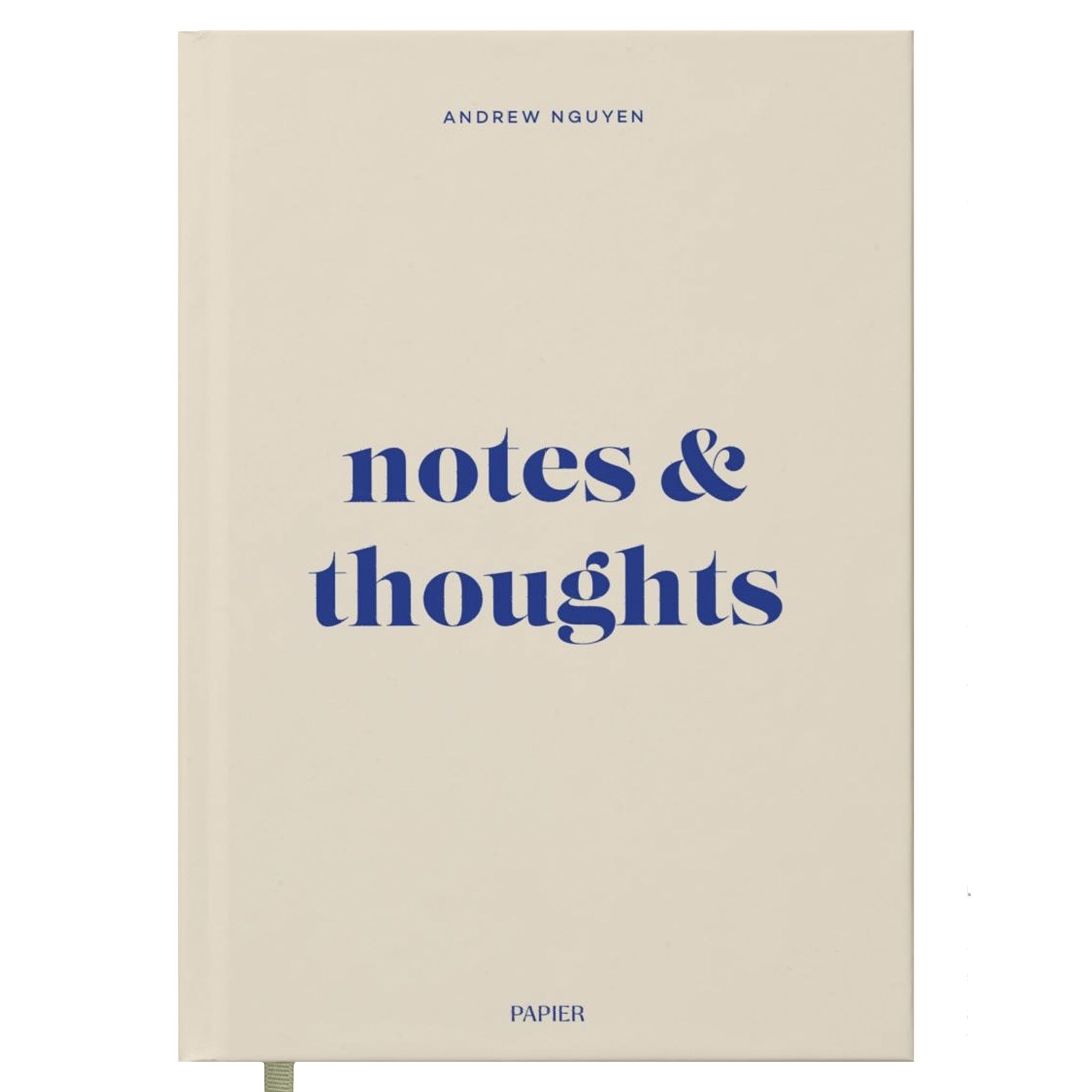Beige notebook with 'notes & thoughts' text and Andrew Nguyen branding on a white background