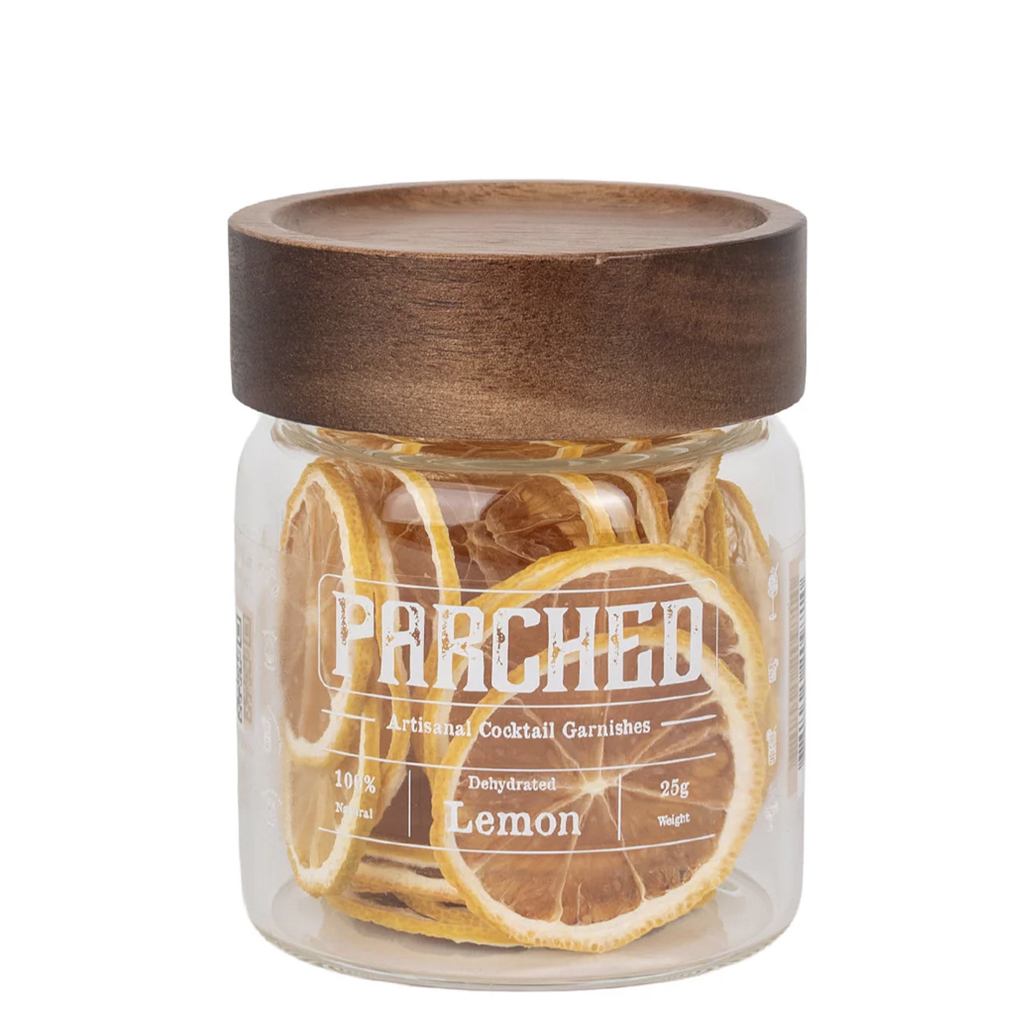 Jar of dried lemon slices with a wooden lid labeled 'Parched'.