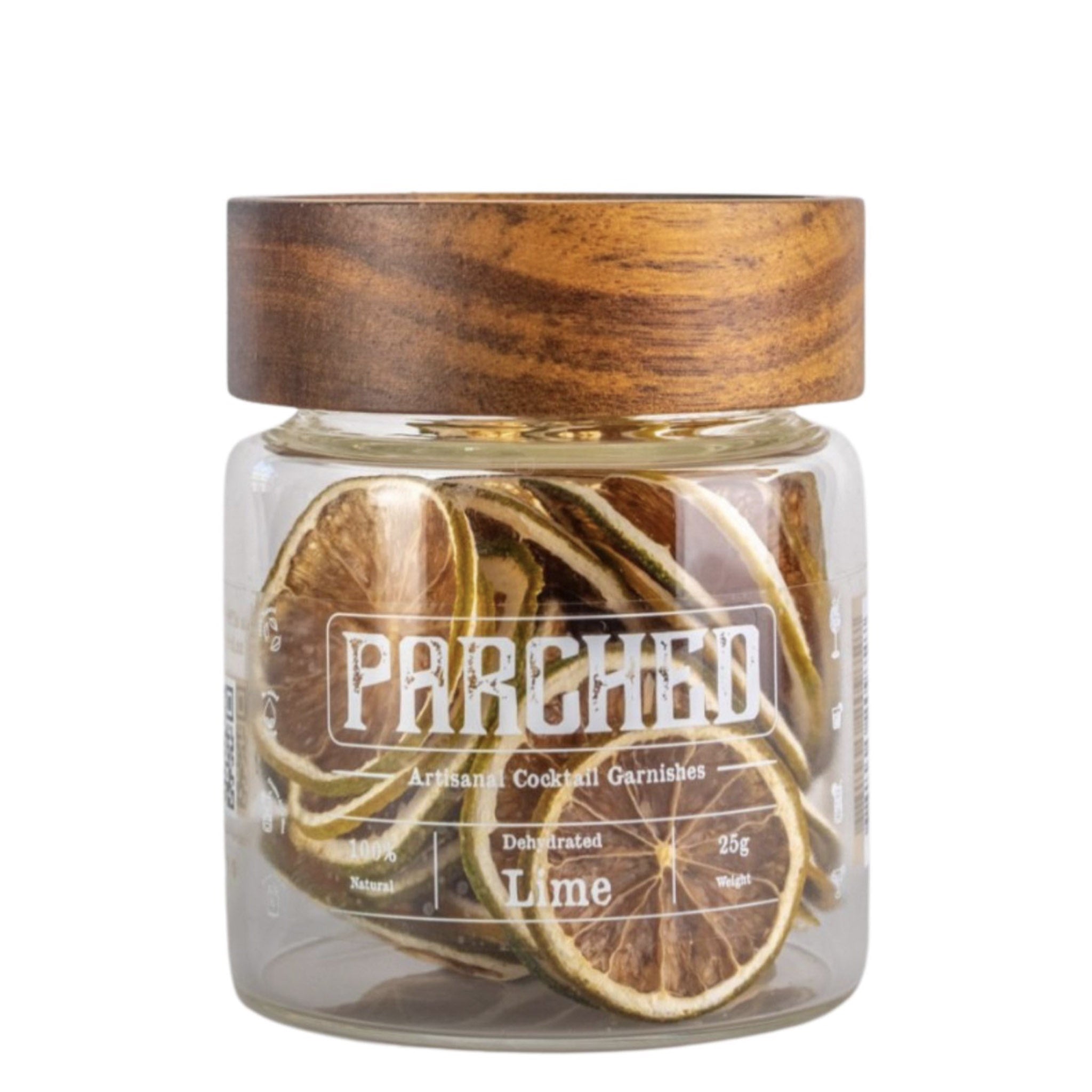 Jar of dried lime slices with a wooden lid labeled 'Parched'.