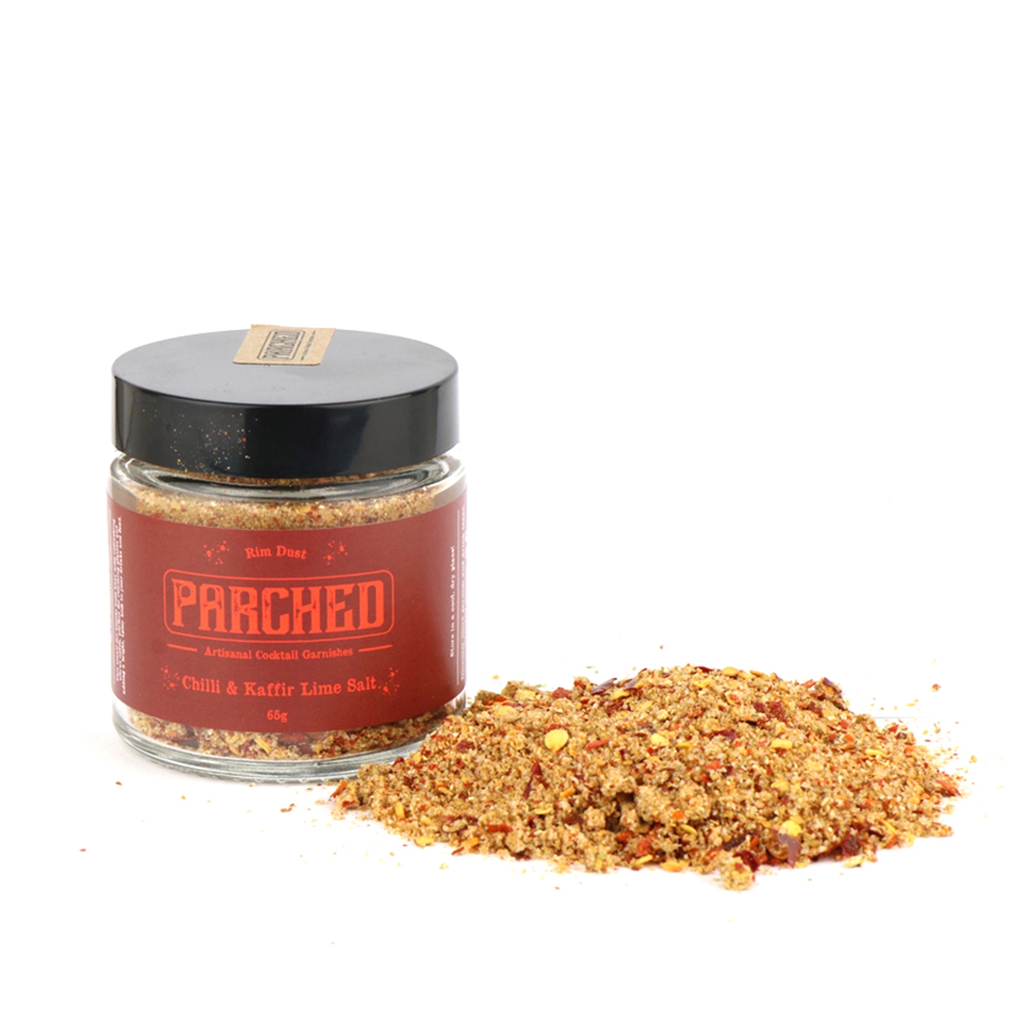 Jar of 'Parched' Chilli & Kaffir Lime Salt on a white background