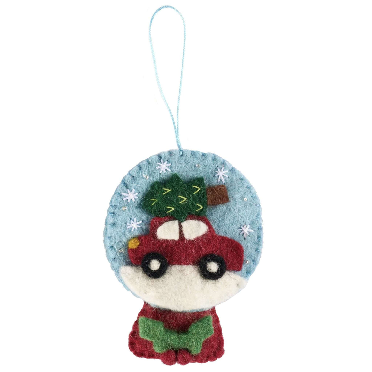 Pashom Nepal Felt Christmas Decoration - Car Snowglobe handmade eco-friendly felt ornament with red car and Christmas tree
