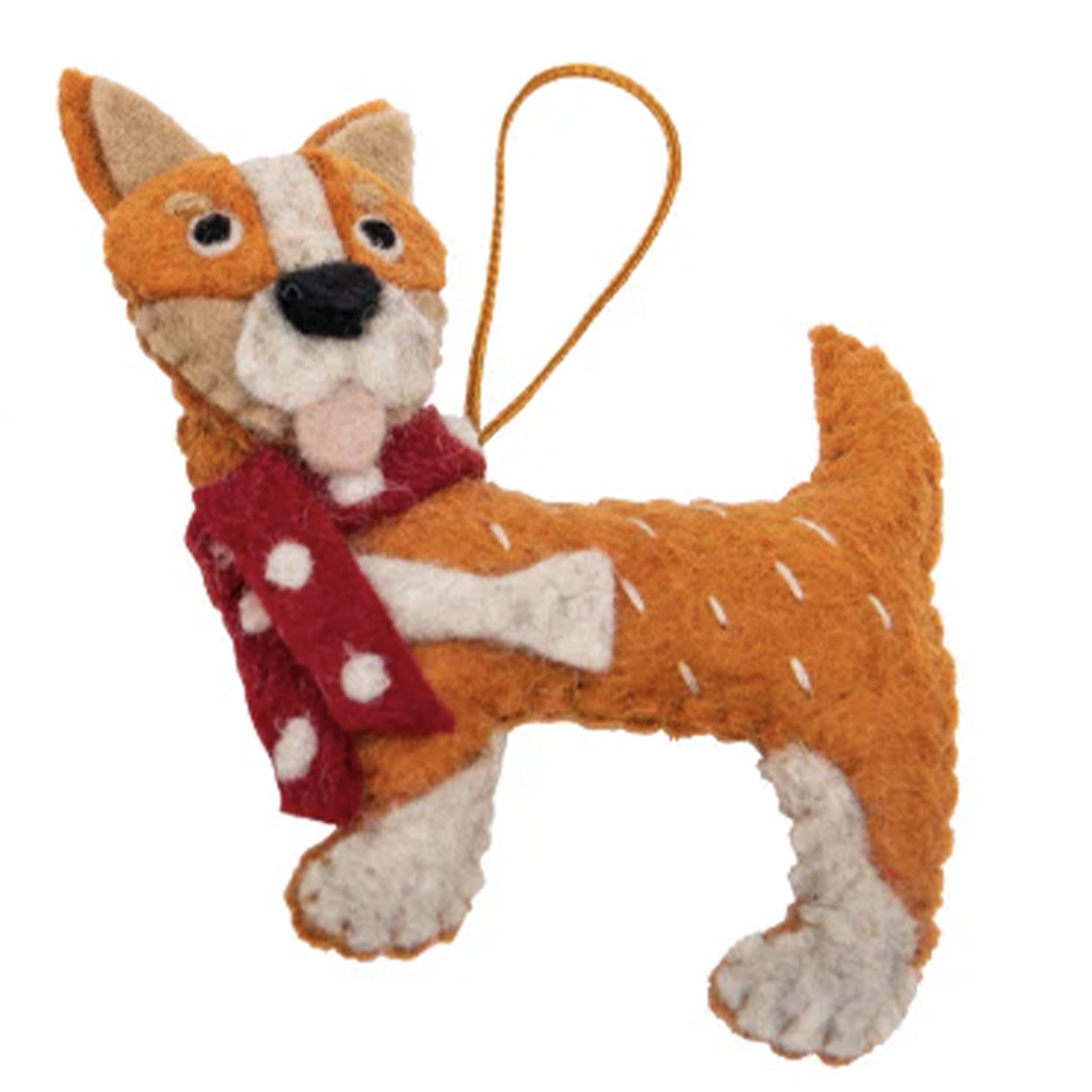 A handcrafted felt Christmas decoration depicting a Cattle Dog wearing a red and white scarf, with a hanging yellow ribbon.