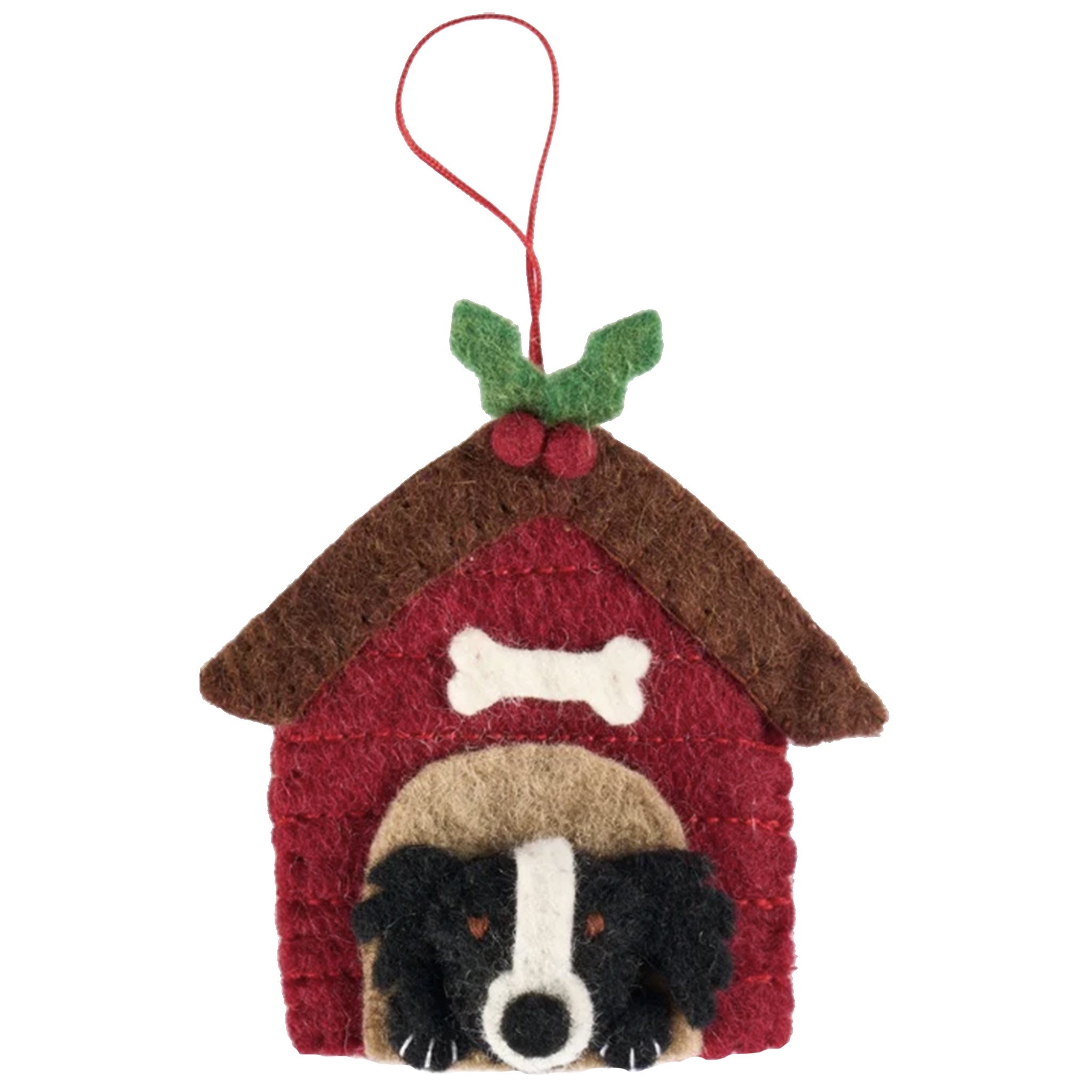 Decorative ornament shaped like a doghouse with a dog illustration on a white background
